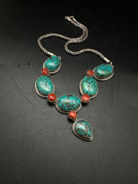 Tibetan turquoise necklace, natural turquoise and cot, sterling silver master handcrafted from nepal