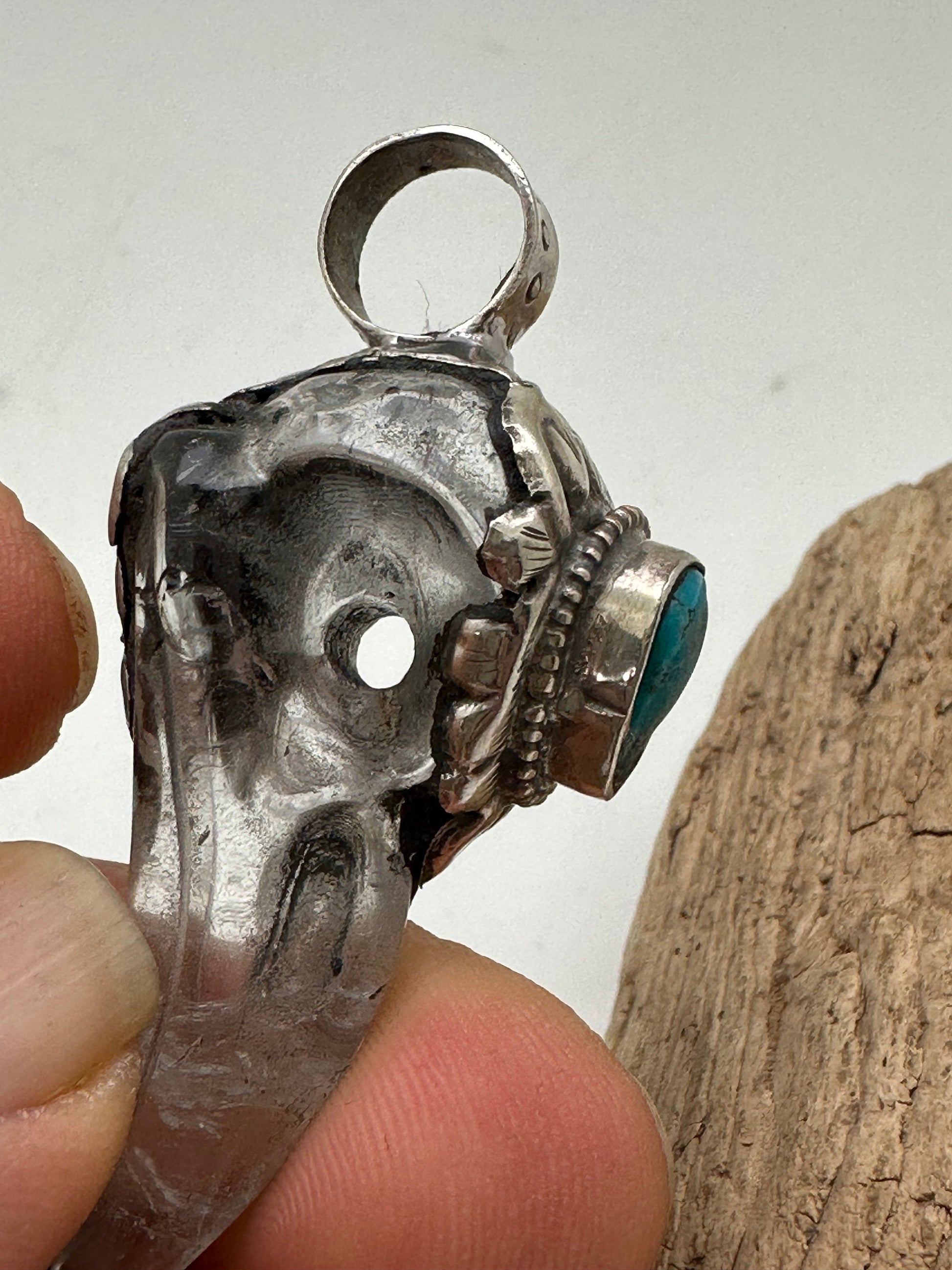 Crystal crow pendant, crow skull , handcrafted quartz crystal, natural turquoise with Tibetan silver
