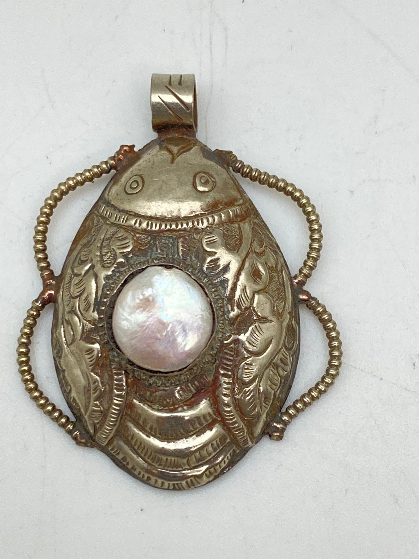 Scarab pendant, pearl, tibetansilver, handcrafted,ethnic design,Himalayan Nepalese