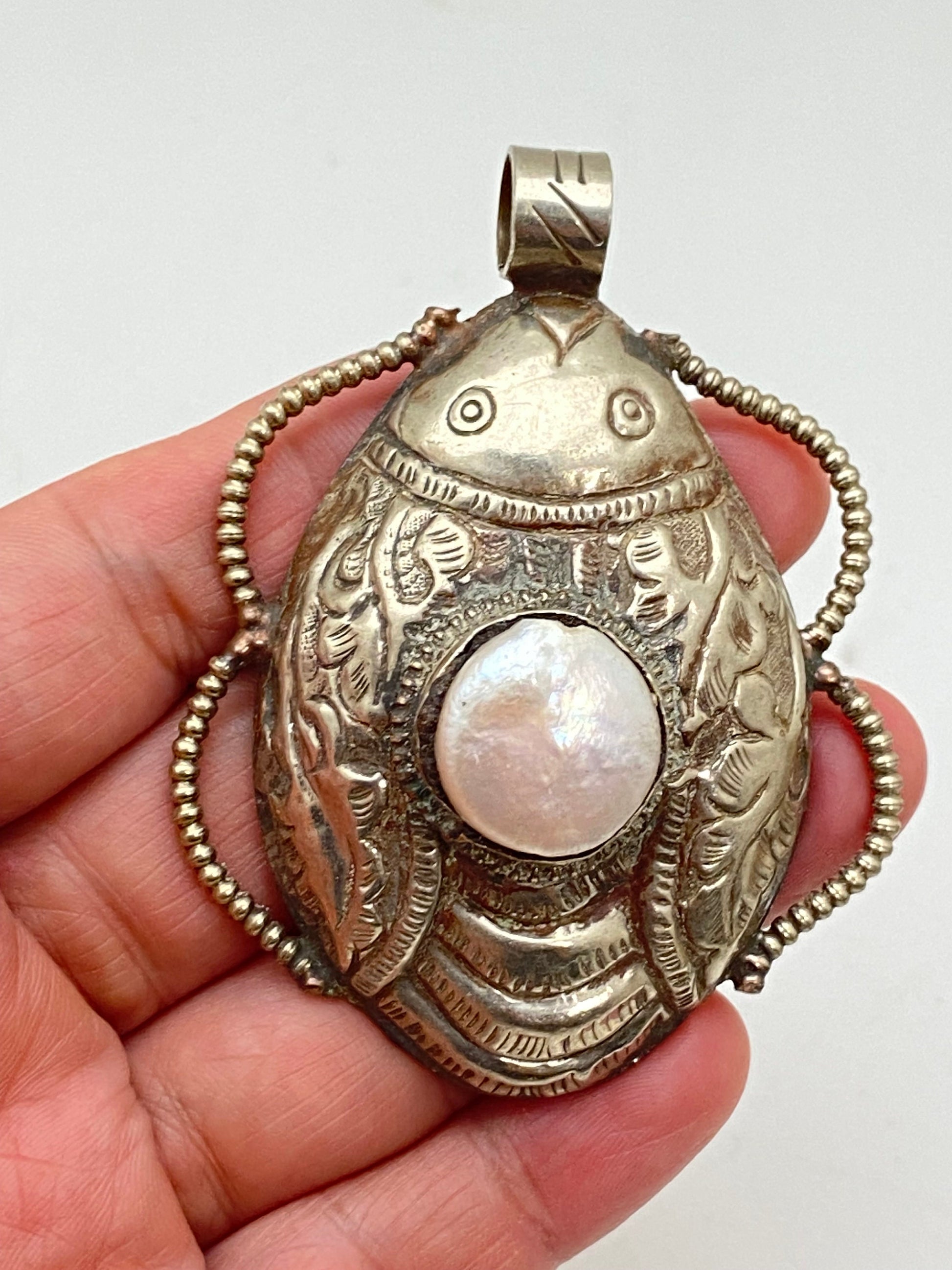 Scarab pendant, pearl, tibetansilver, handcrafted,ethnic design,Himalayan Nepalese