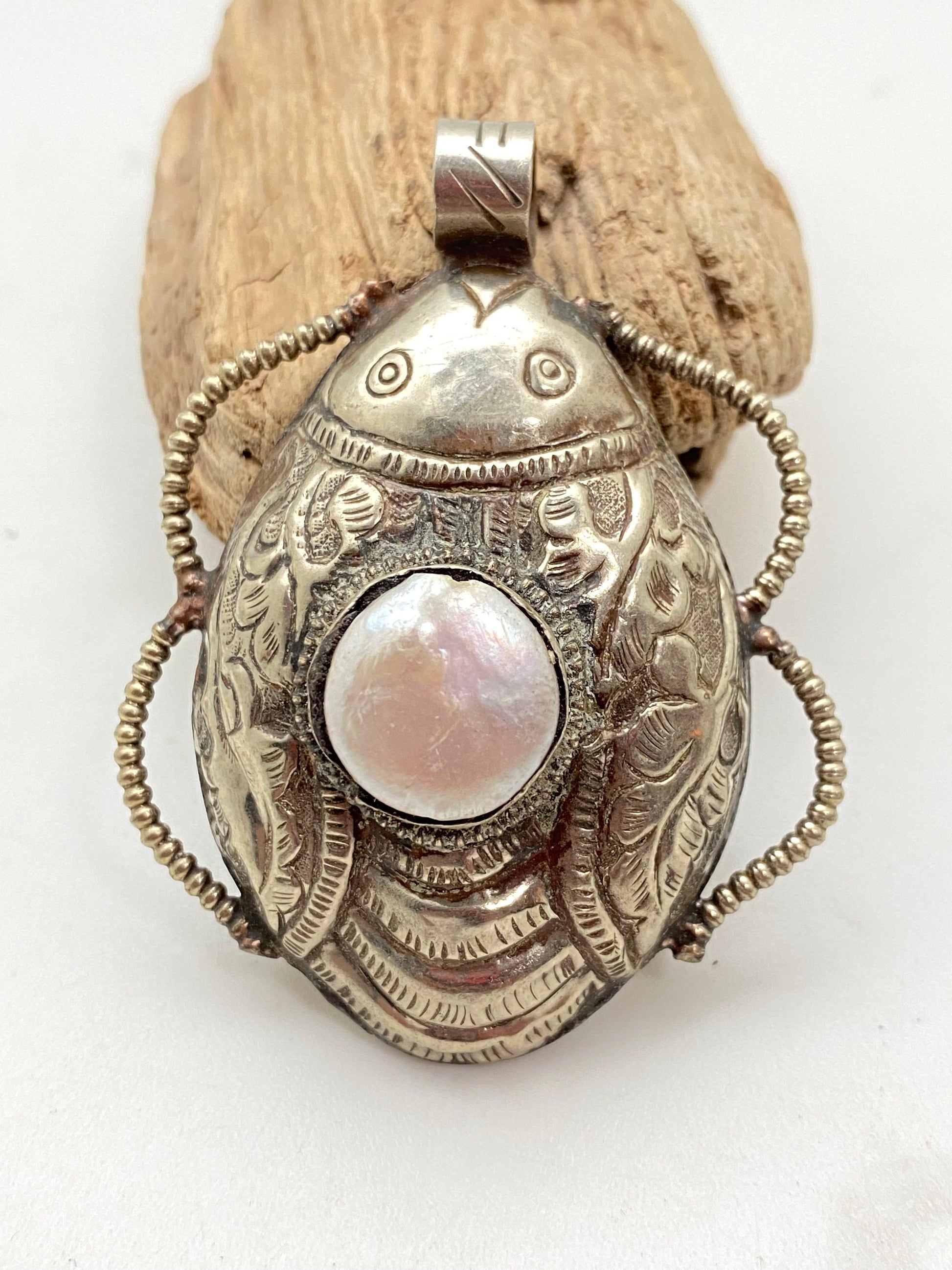 Scarab pendant, pearl, tibetansilver, handcrafted,ethnic design,Himalayan Nepalese