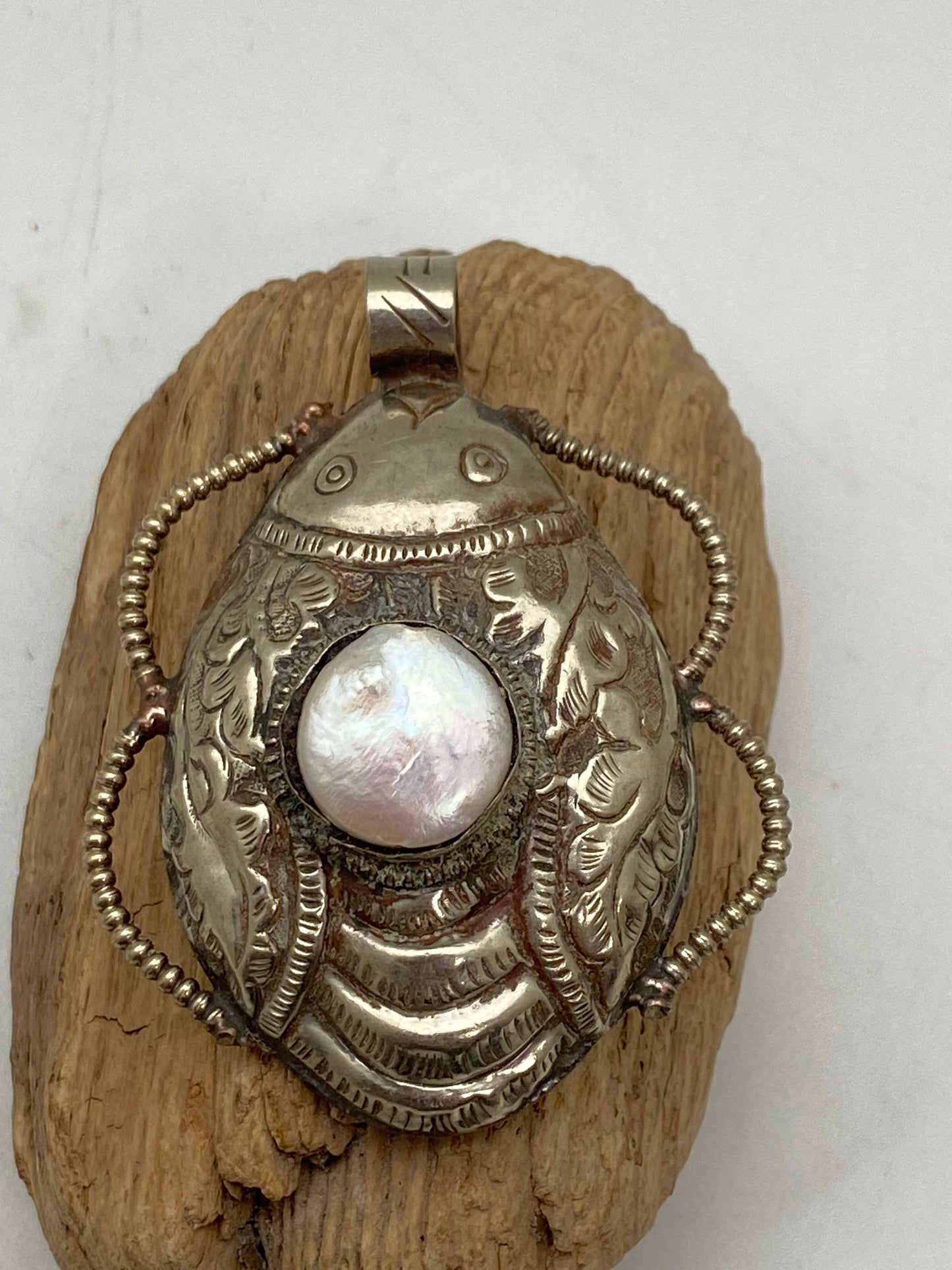 Scarab pendant, pearl, tibetansilver, handcrafted,ethnic design,Himalayan Nepalese