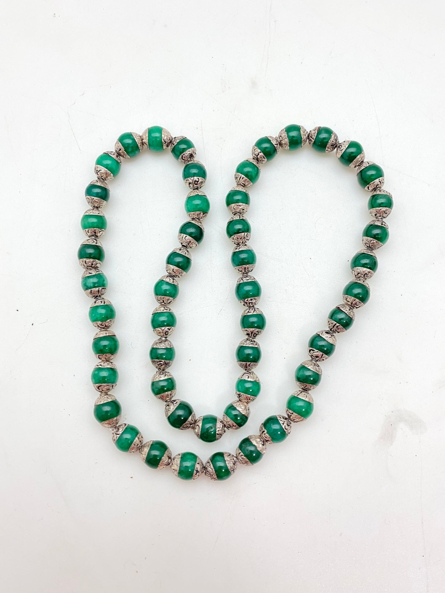 Emerald Bead Mala: Tibetan Silver Capped, Nepalese Himalayan Necklace
