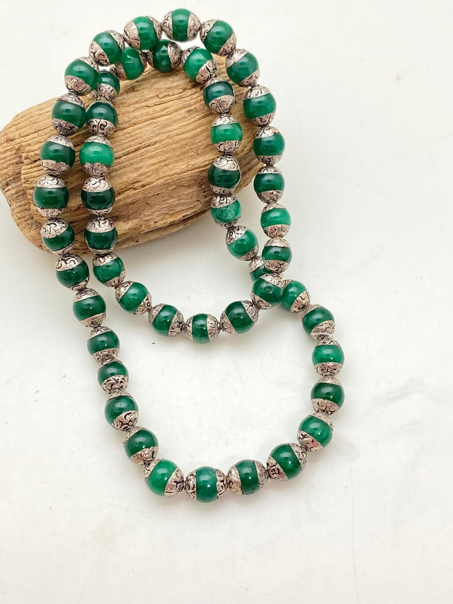 Emerald Bead Mala: Tibetan Silver Capped, Nepalese Himalayan Necklace