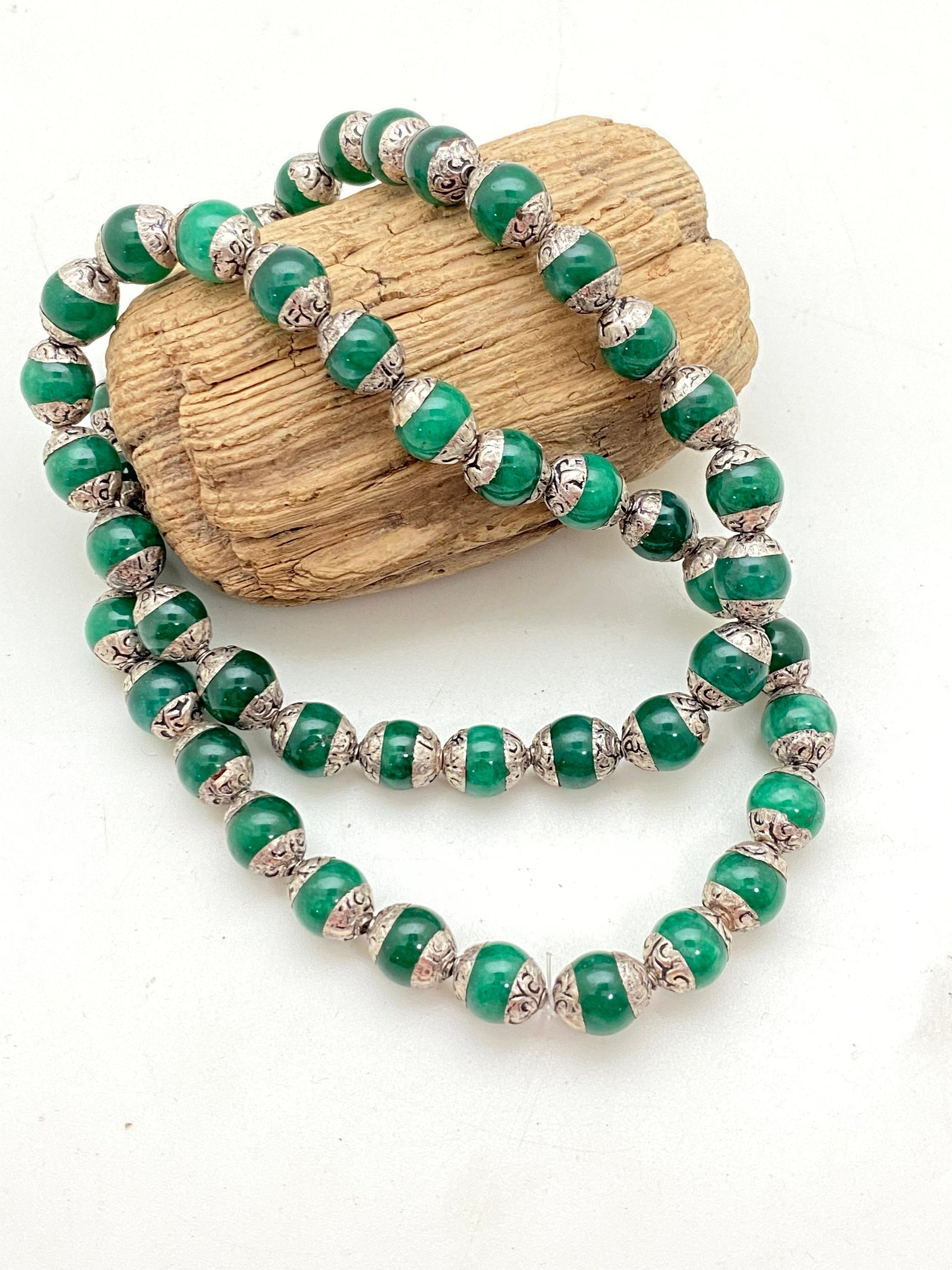 Emerald Bead Mala: Tibetan Silver Capped, Nepalese Himalayan Necklace