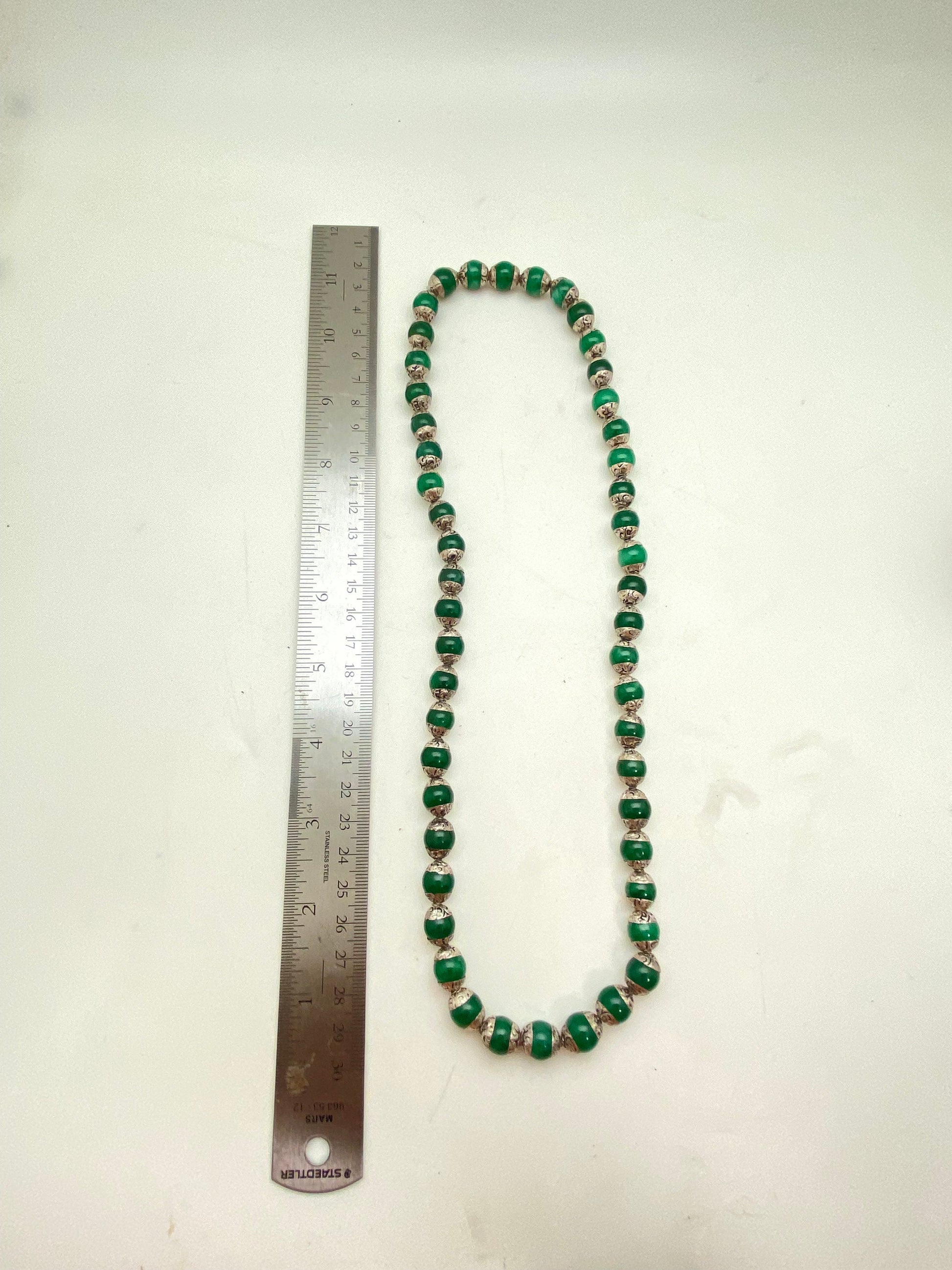Emerald Bead Mala: Tibetan Silver Capped, Nepalese Himalayan Necklace
