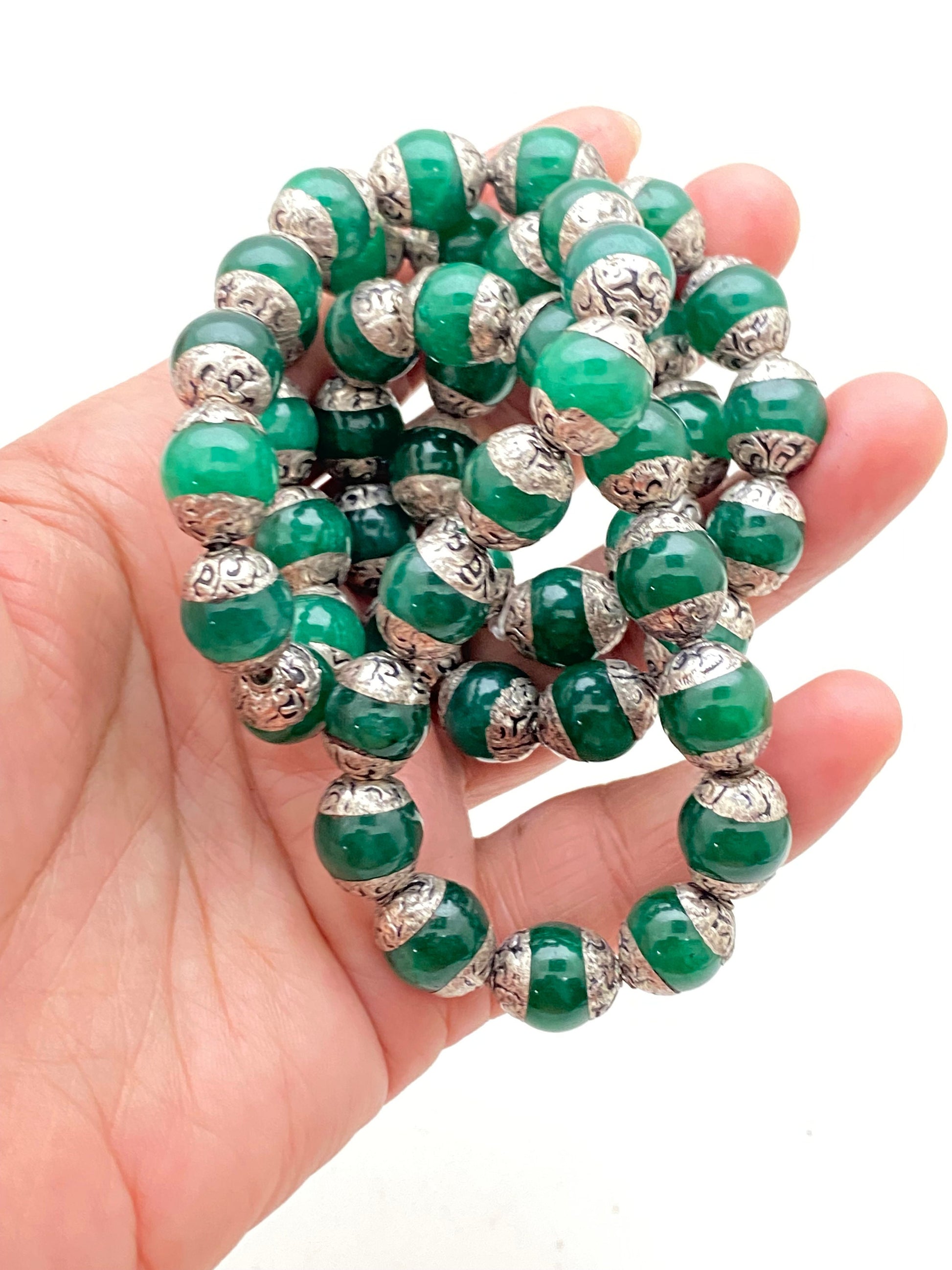 Emerald Bead Mala: Tibetan Silver Capped, Nepalese Himalayan Necklace
