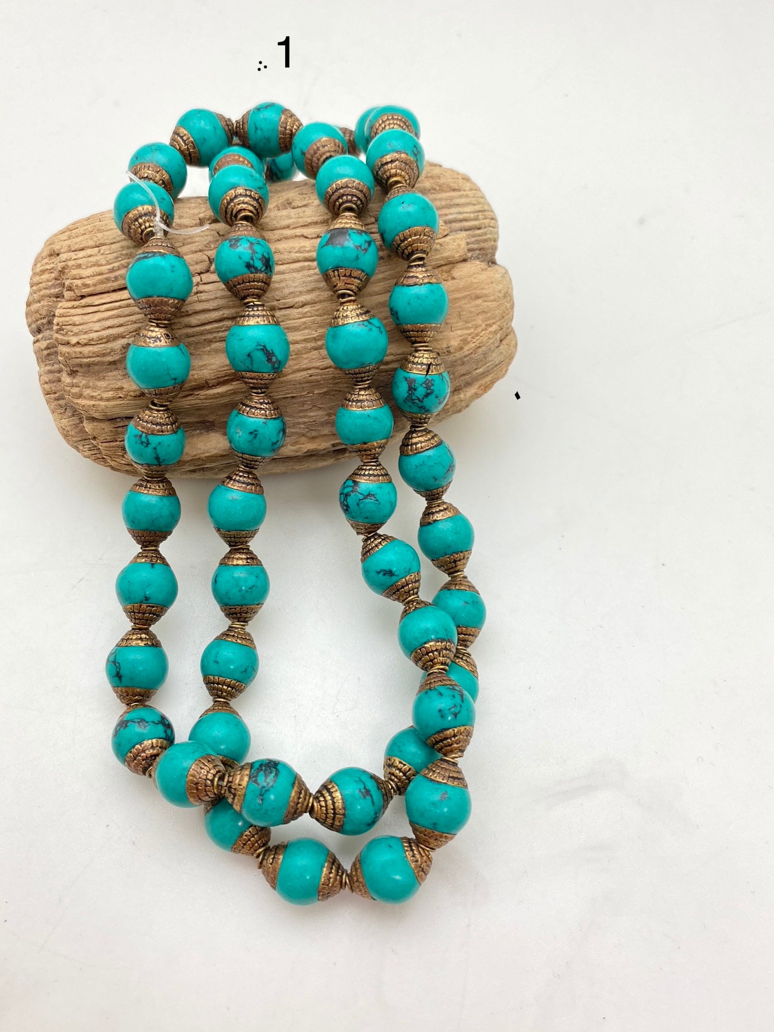 Turquoise beads,necklace,mala, handcrafted,tibetan silver,brass capped,Nepal bead,