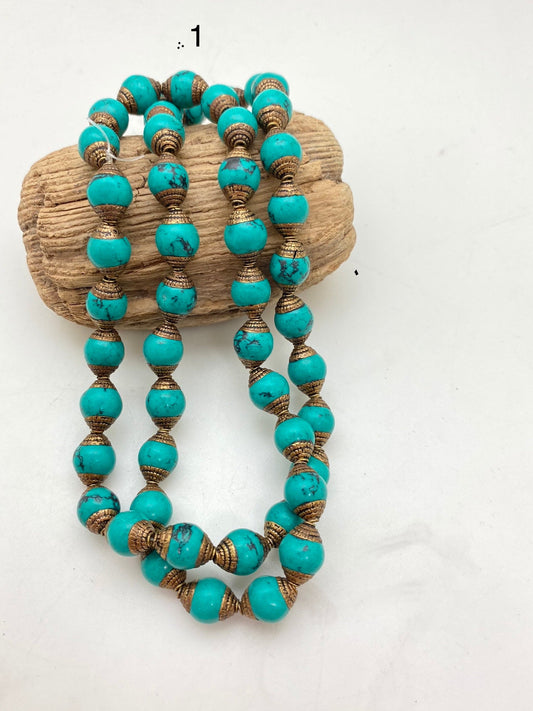 Turquoise beads,necklace,mala, handcrafted,tibetan silver,brass capped,Nepal bead,