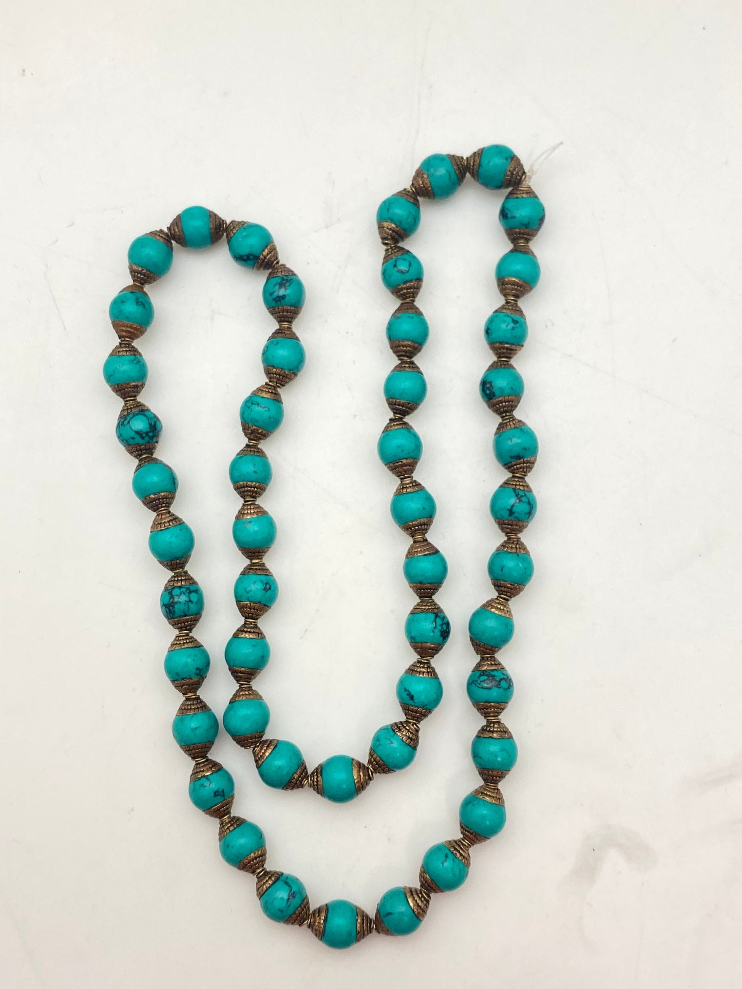 Turquoise beads,necklace,mala, handcrafted,tibetan silver,brass capped,Nepal bead,