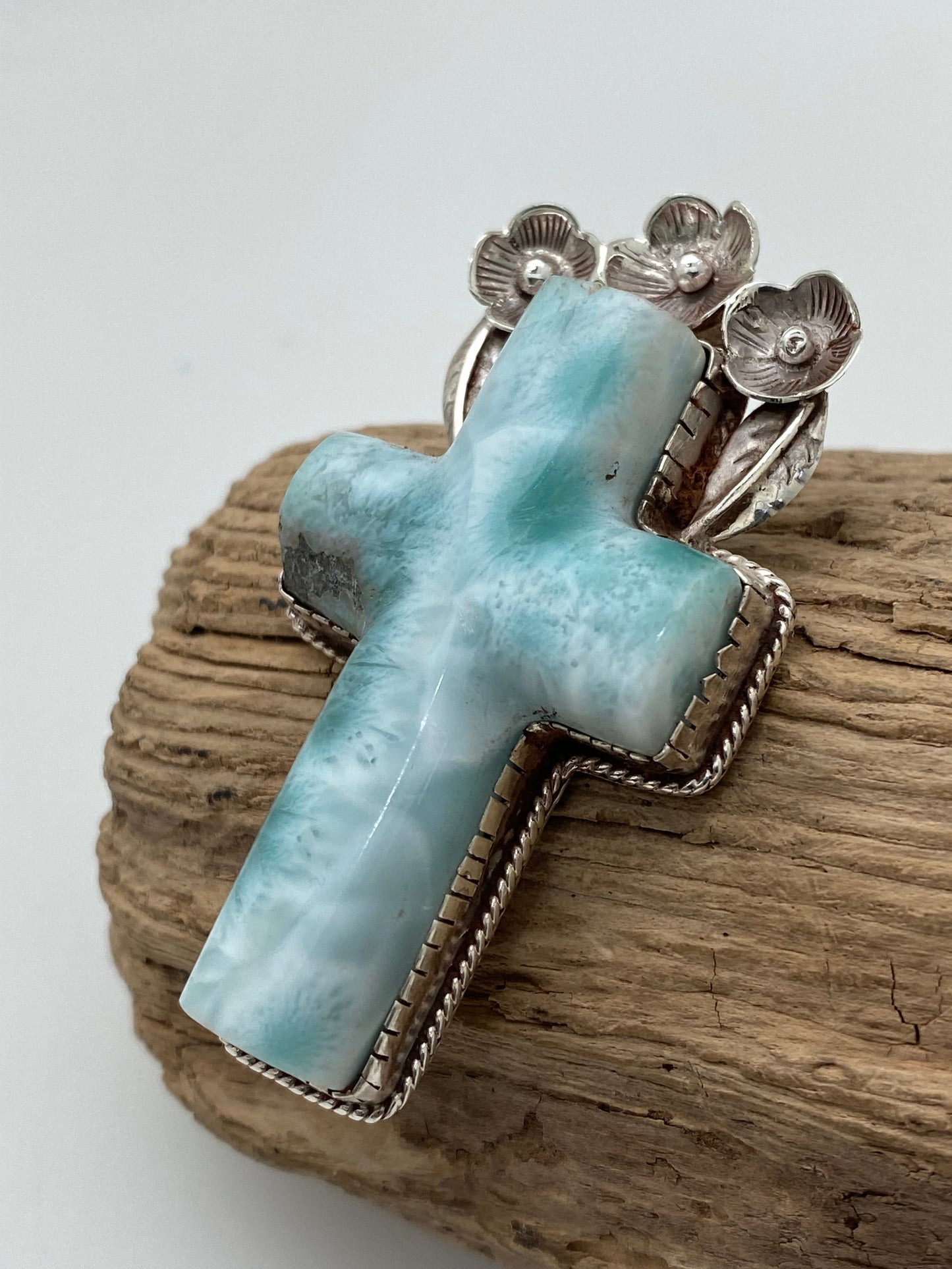 larimar cross pendant, sterling silver, master handcrafted