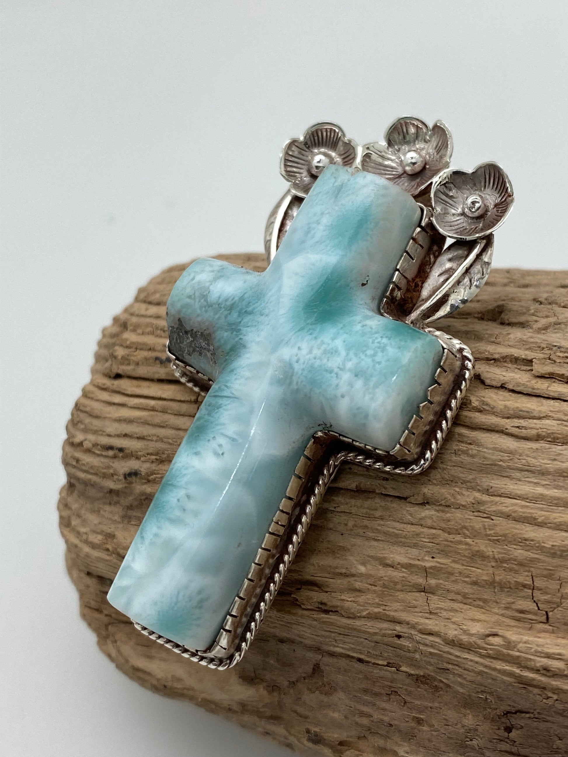 larimar cross pendant, sterling silver, master handcrafted
