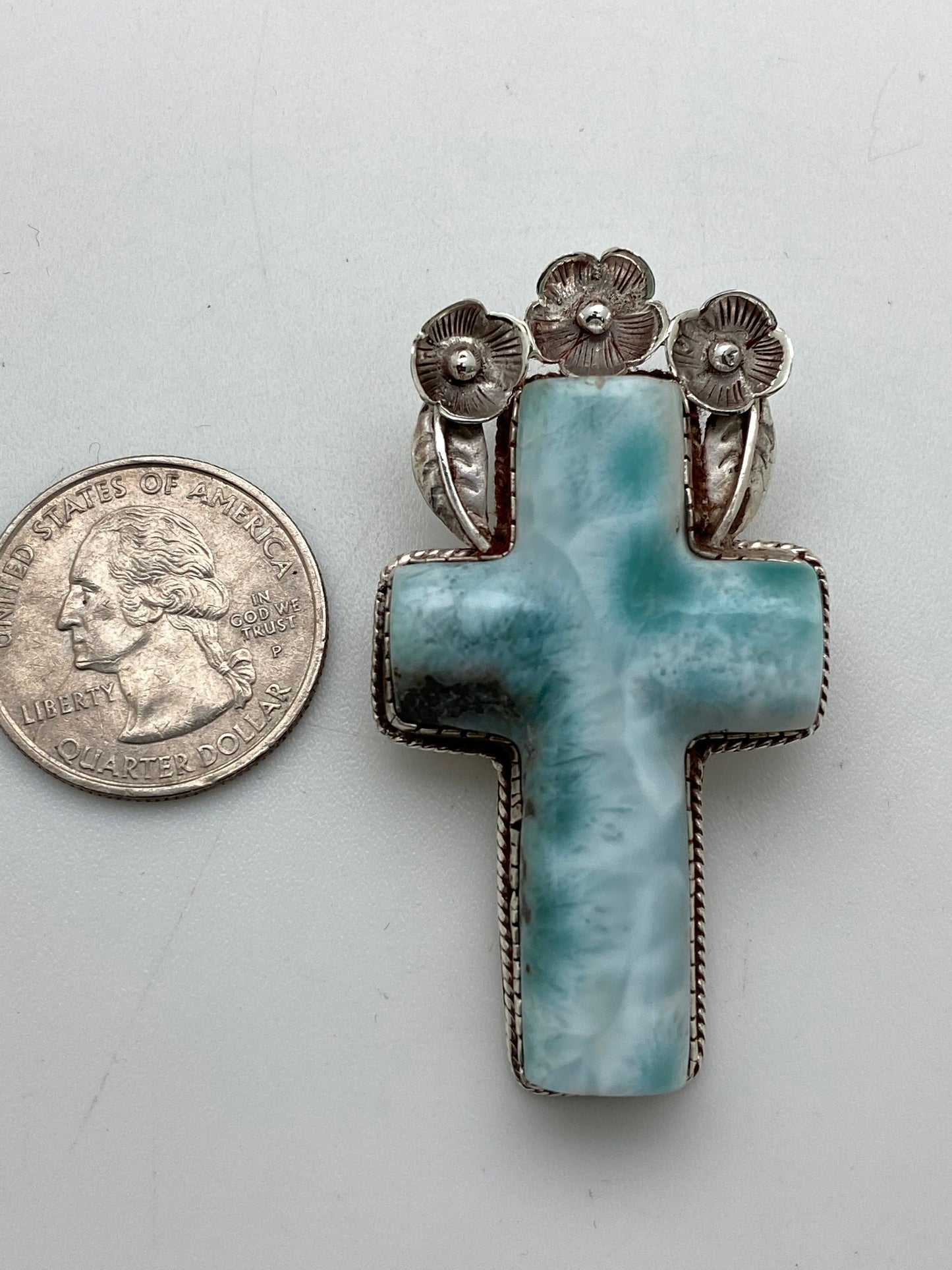 larimar cross pendant, sterling silver, master handcrafted