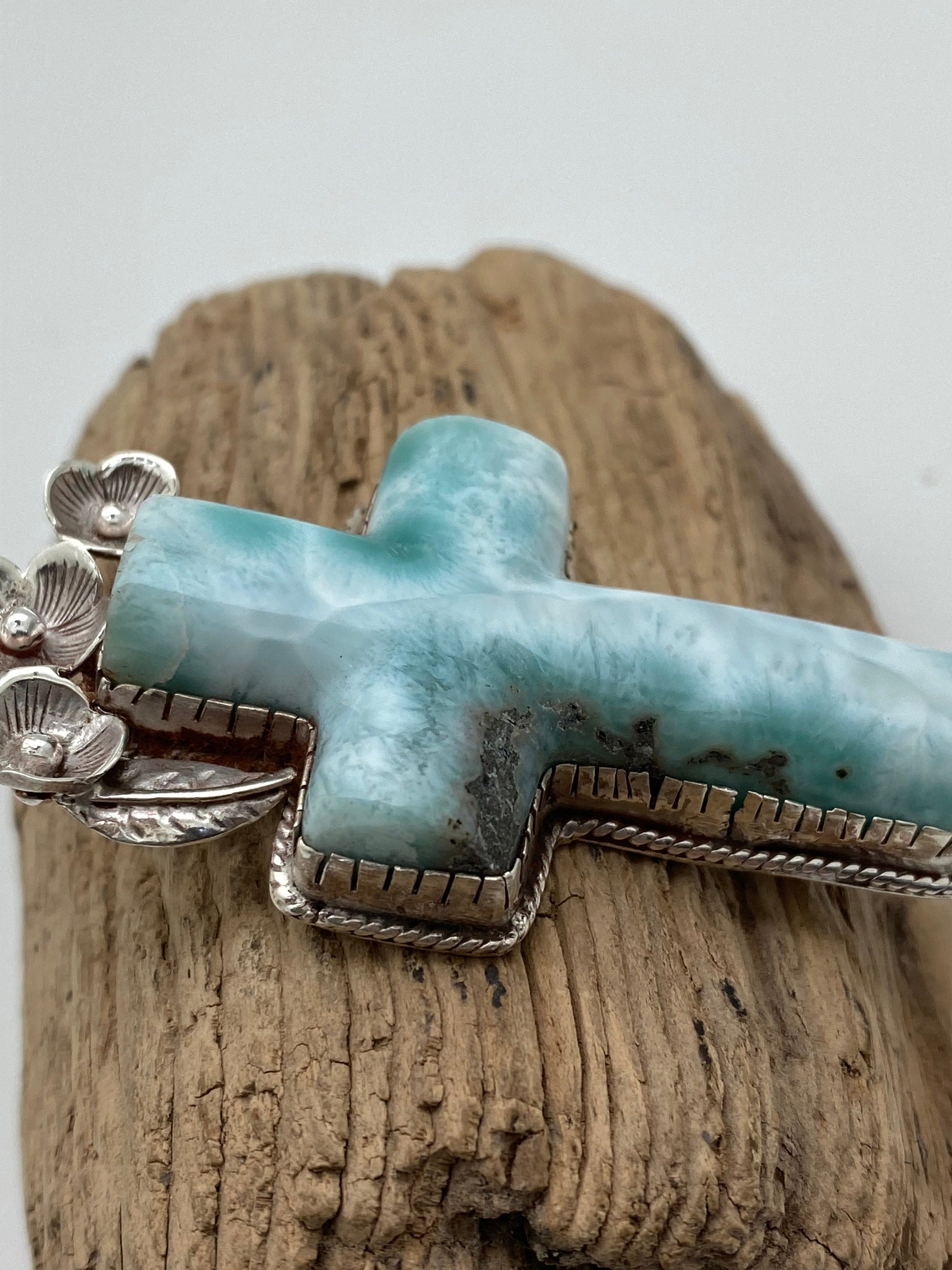 larimar cross pendant, sterling silver, master handcrafted