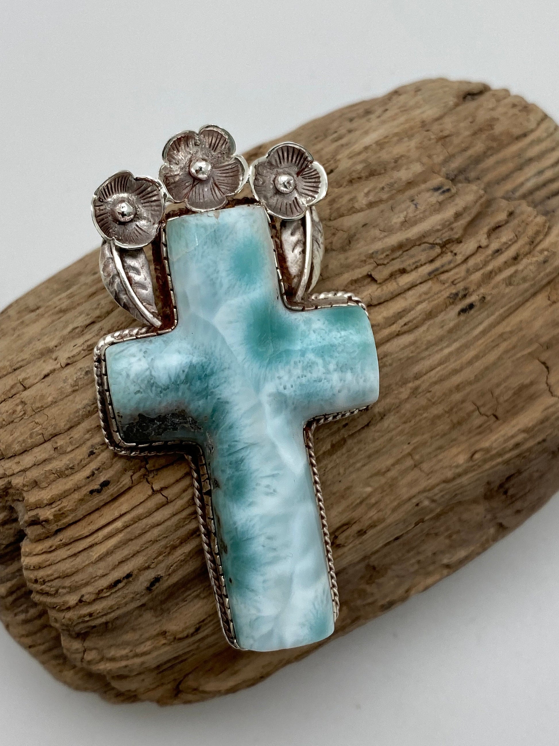 larimar cross pendant, sterling silver, master handcrafted