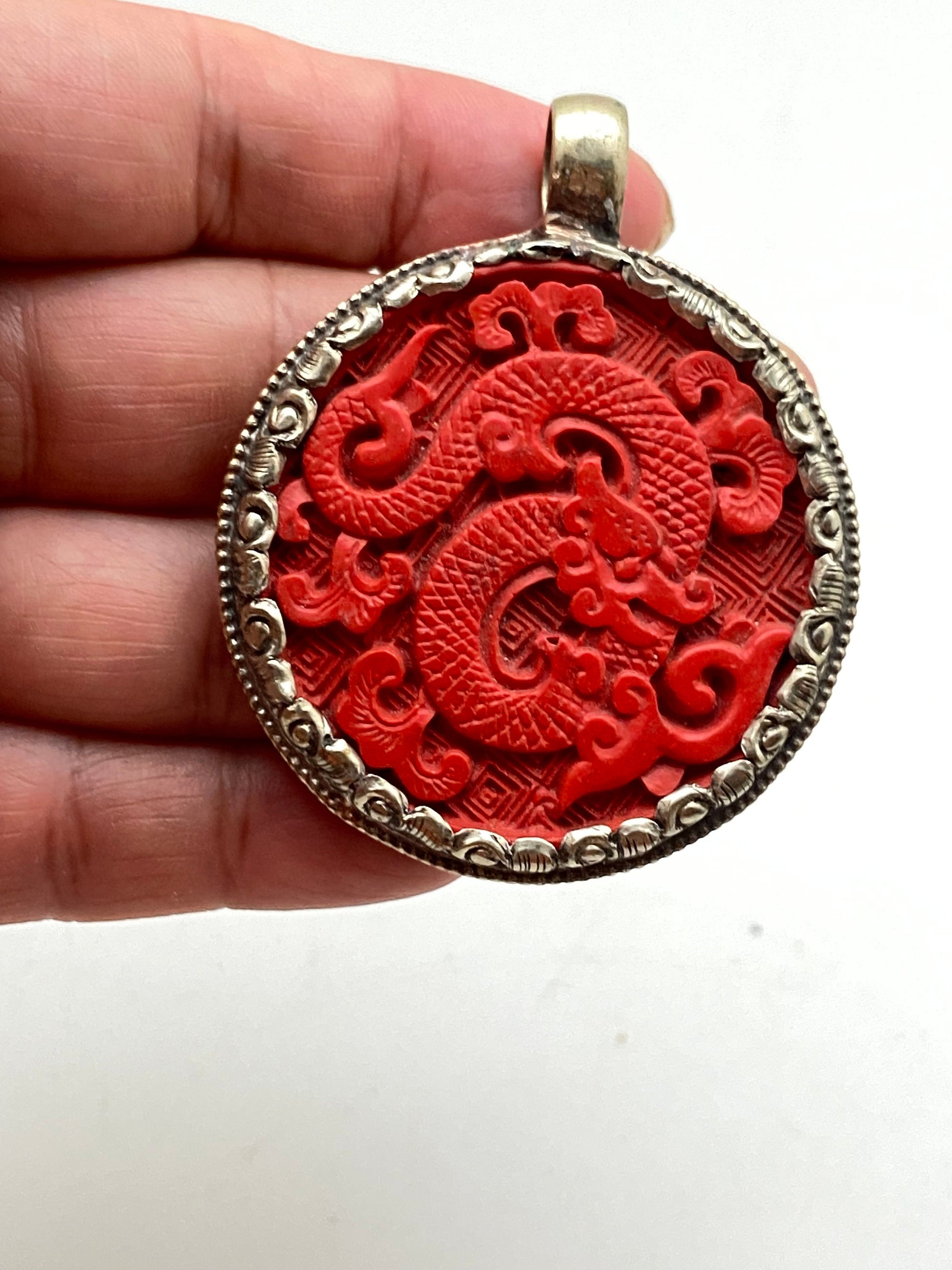 Cinnabar dragon pendant, handcrafted ,Tibetansilver,handcrafted,tibetan design,Himalayan,Nepalese