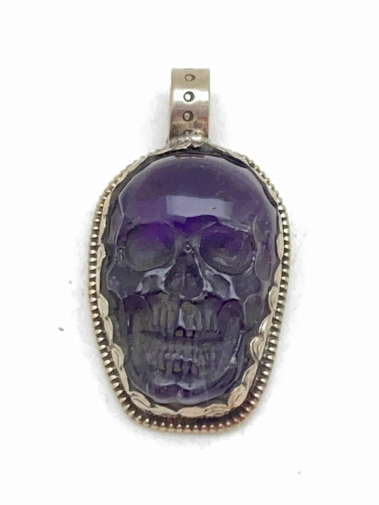 Amethyst carved skull pendant, handcrafted, hand carved,Tibetan silver,Himalayan, Nepalese