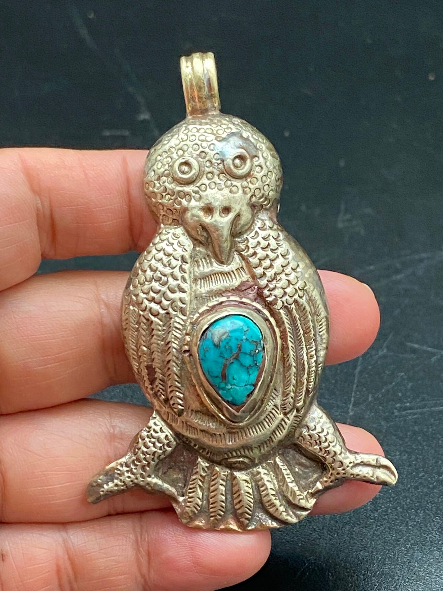 Handcrafted Turquoise Owl Pendant: Tibetan Silver Ethnic Design