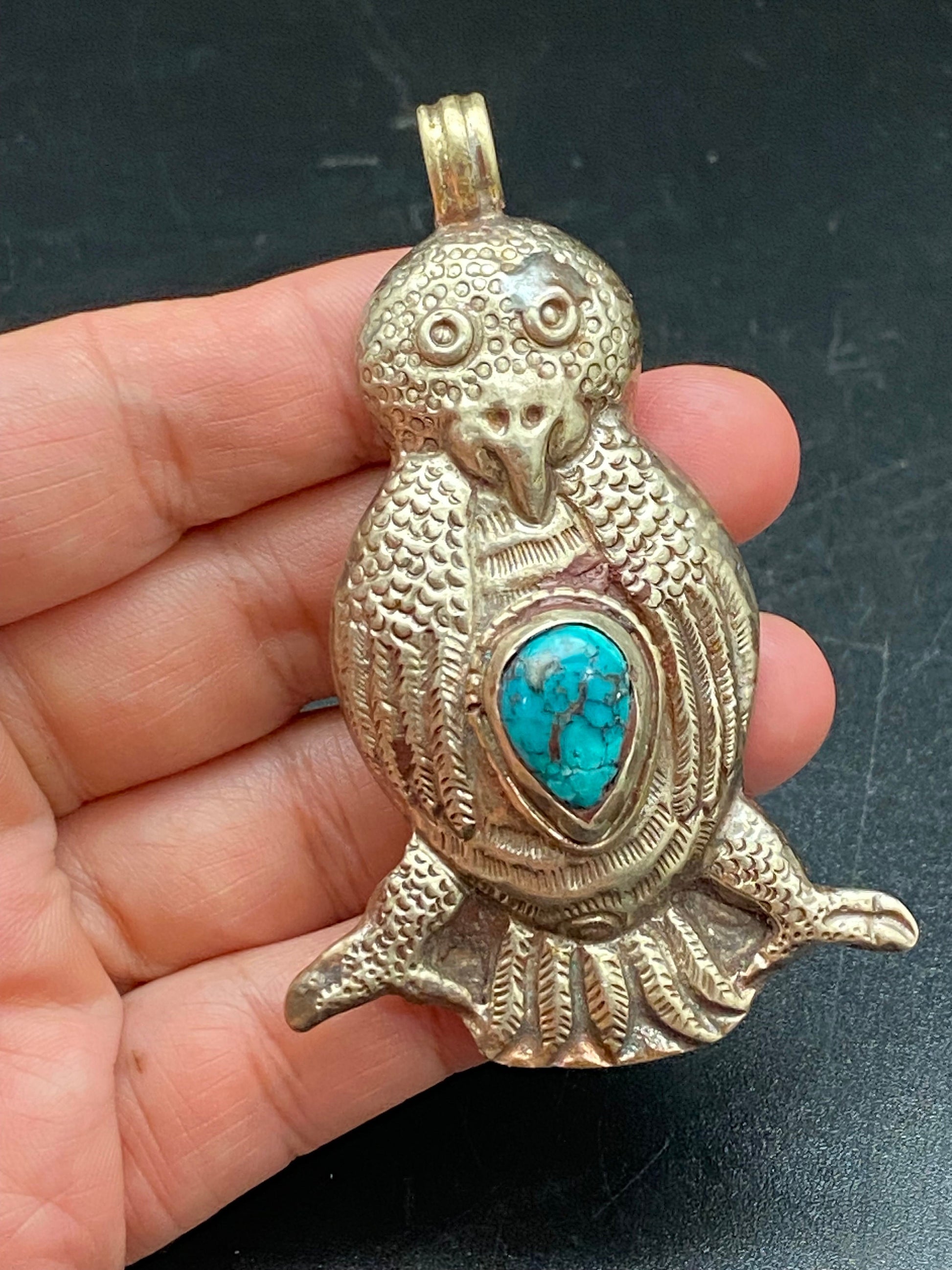 Handcrafted Turquoise Owl Pendant: Tibetan Silver Ethnic Design
