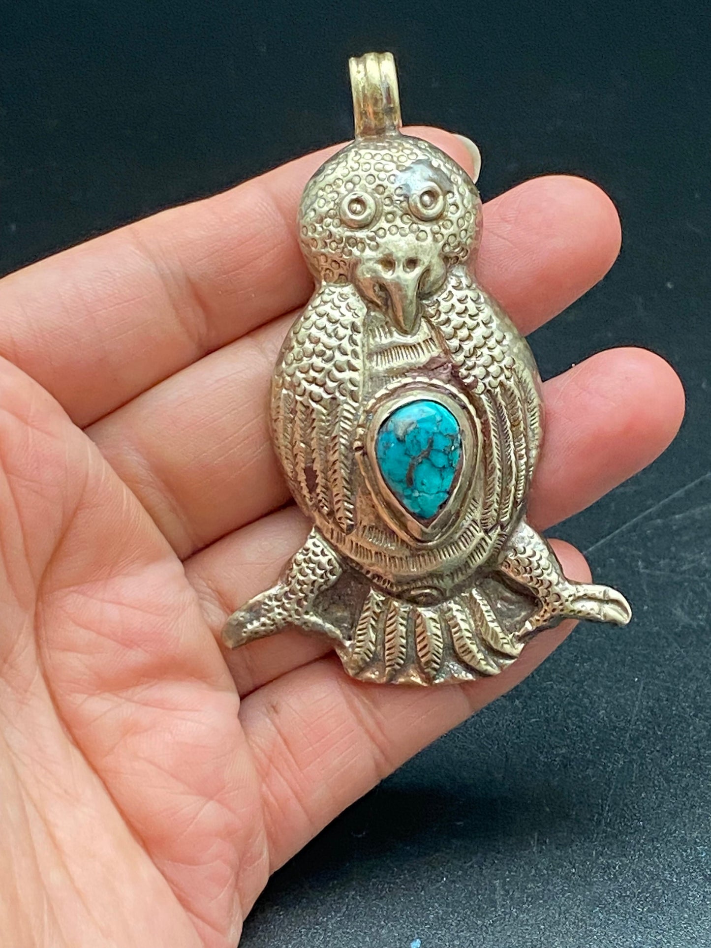Handcrafted Turquoise Owl Pendant: Tibetan Silver Ethnic Design