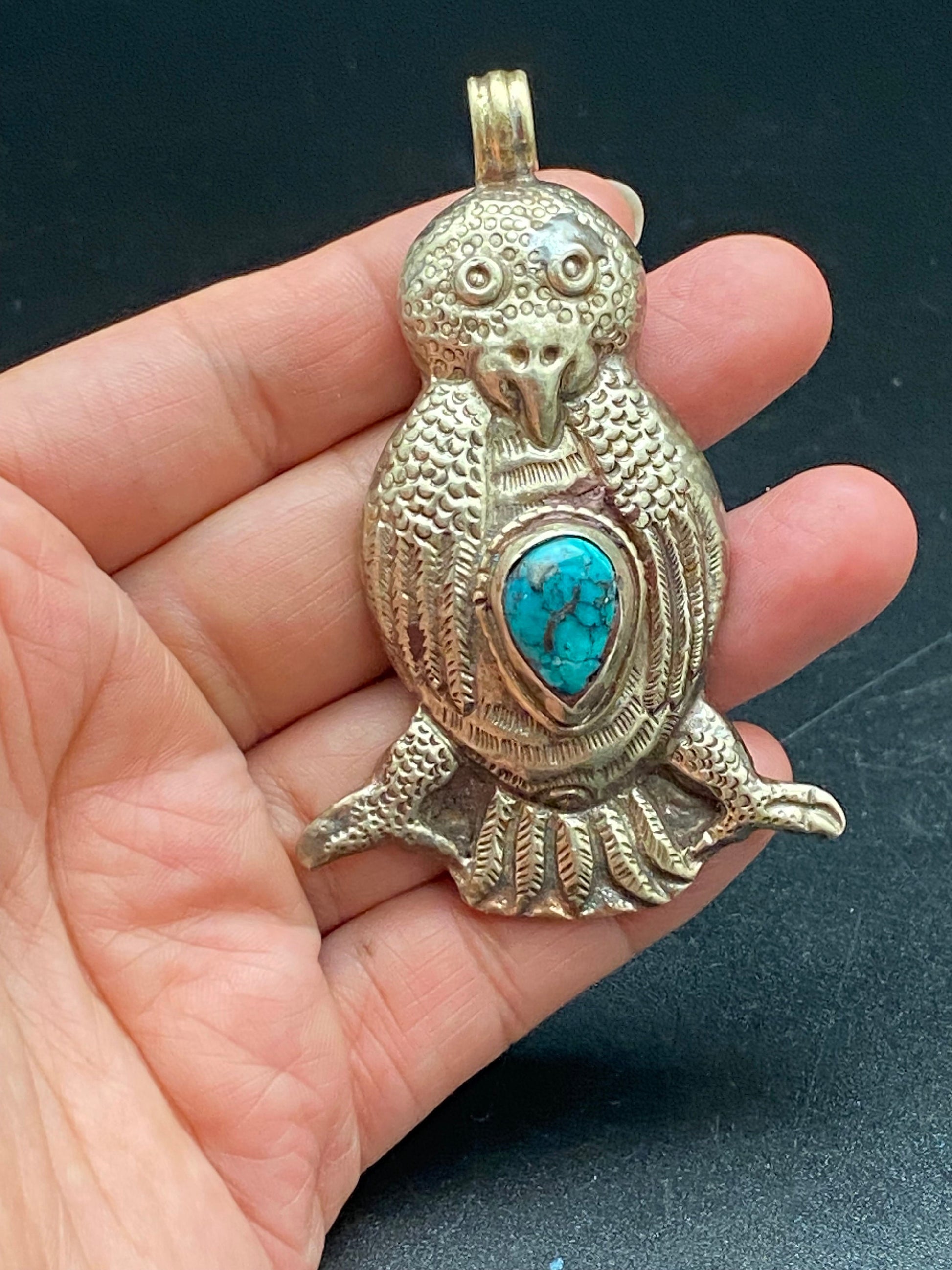 Handcrafted Turquoise Owl Pendant: Tibetan Silver Ethnic Design