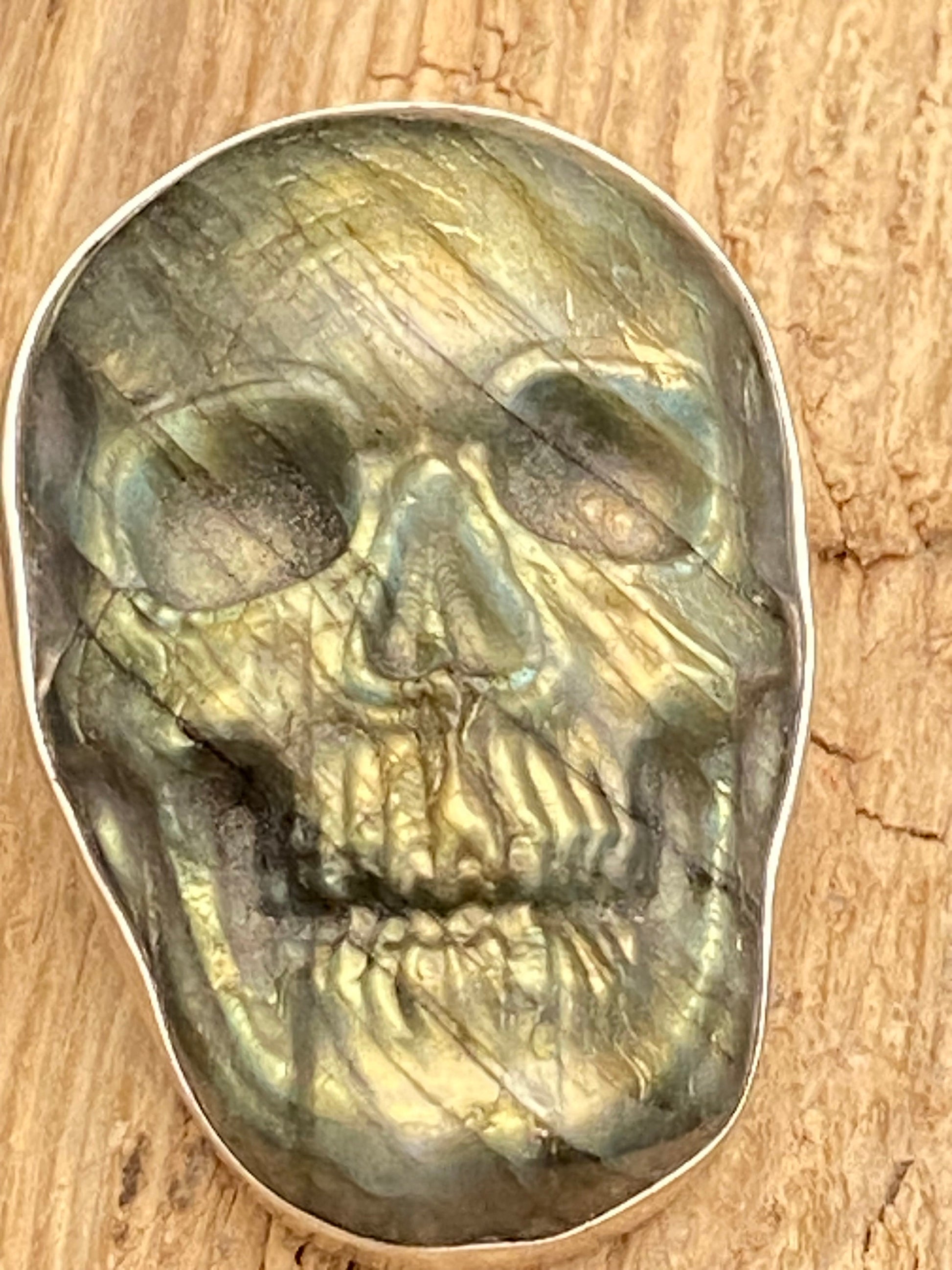 labradorite carved skull pendant, handcrafted,sterling silver, ethnic design,Nepalese