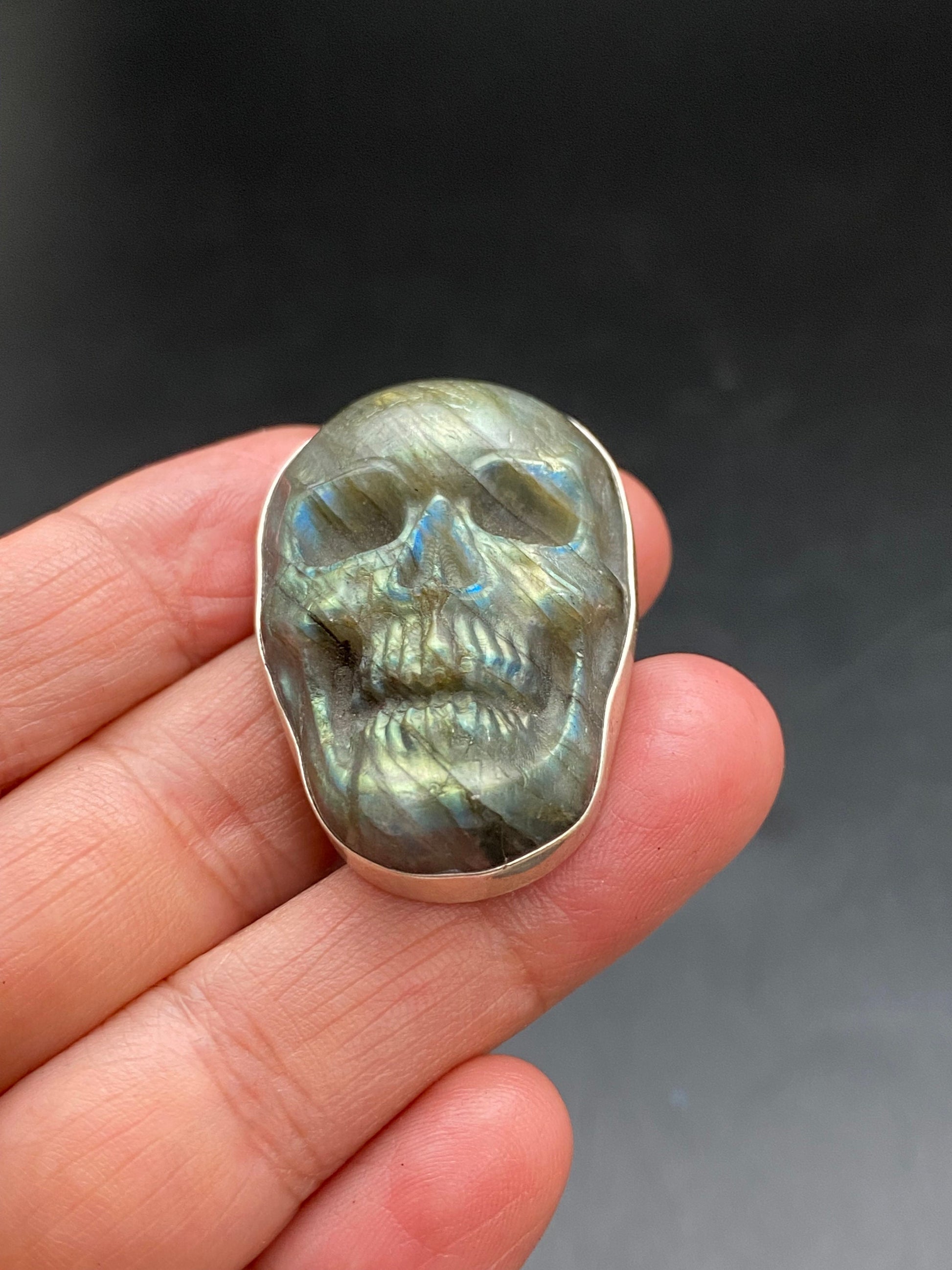 labradorite carved skull pendant, handcrafted,sterling silver, ethnic design,Nepalese