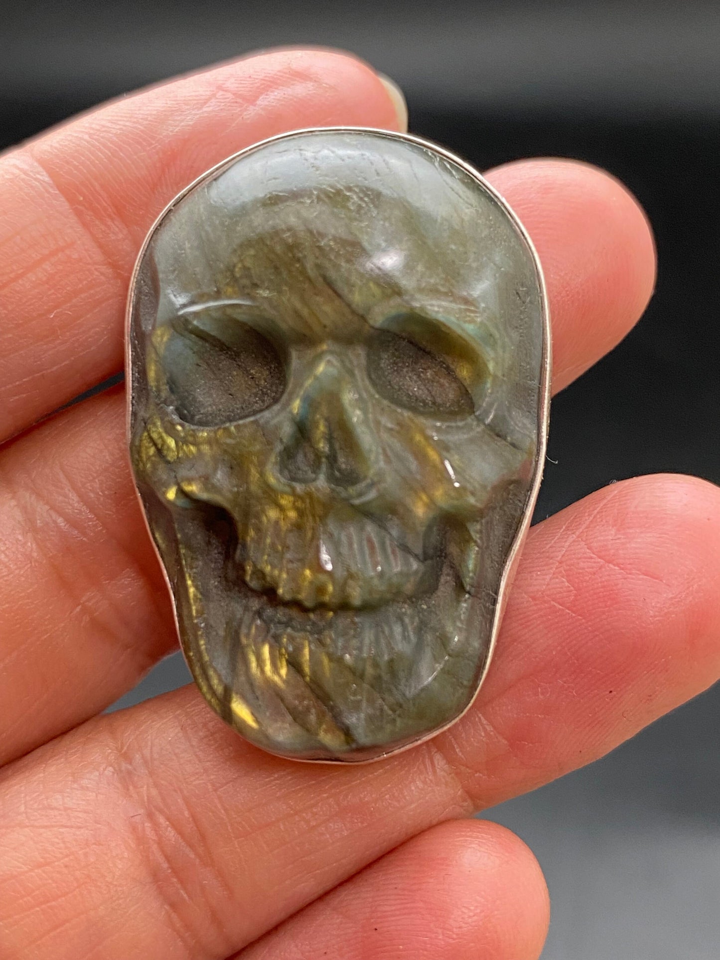 labradorite carved skull pendant, handcrafted,sterling silver, ethnic design,Nepalese