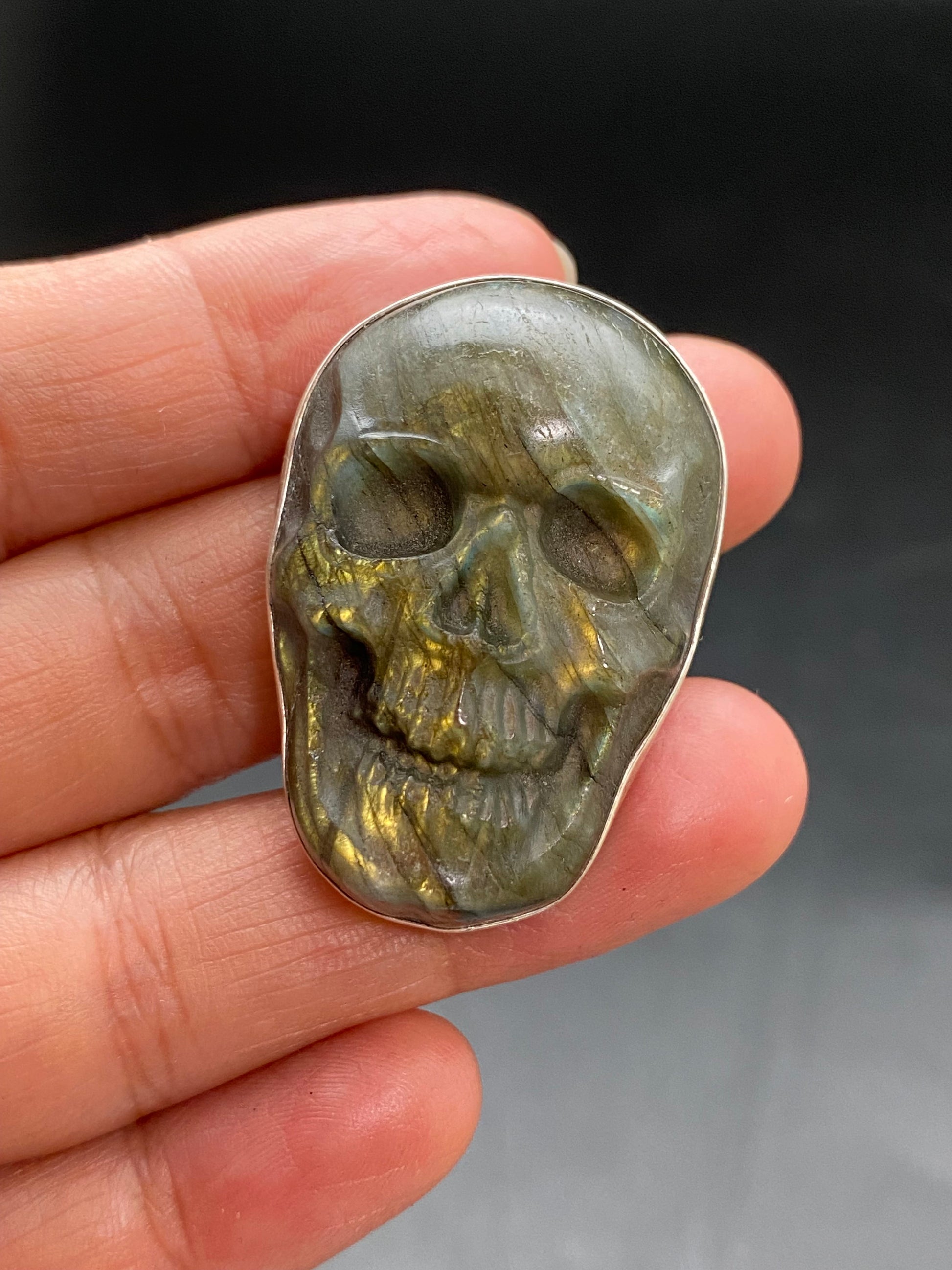 labradorite carved skull pendant, handcrafted,sterling silver, ethnic design,Nepalese