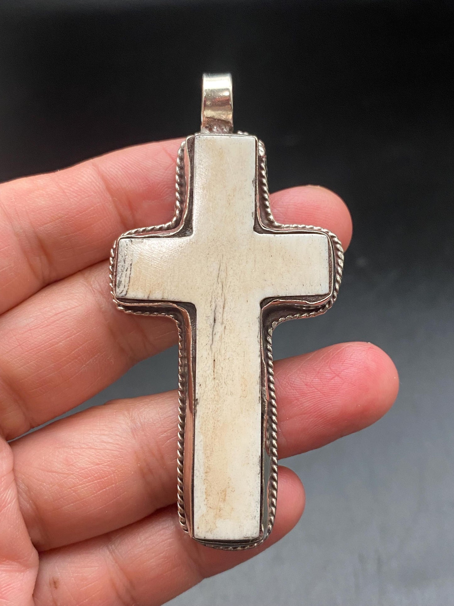 Bone carved cross pendant,handcrafted,Tibetan silver,Nepalese