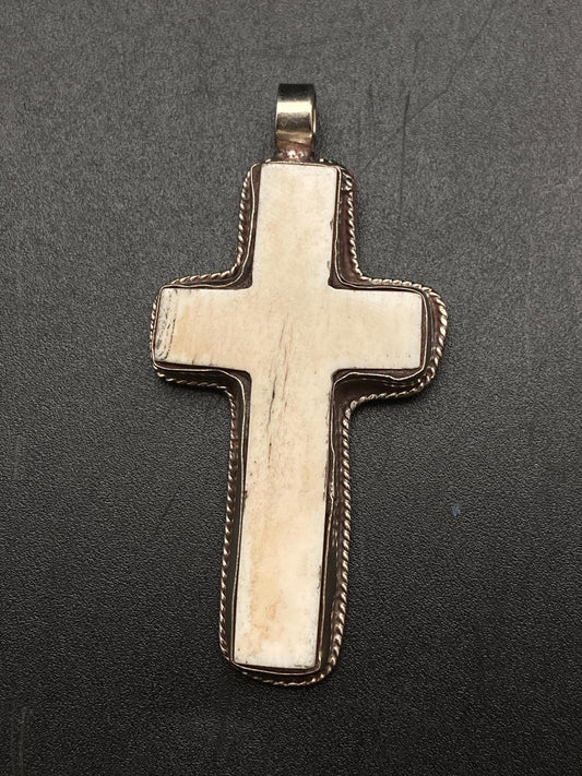 Bone carved cross pendant,handcrafted,Tibetan silver,Nepalese