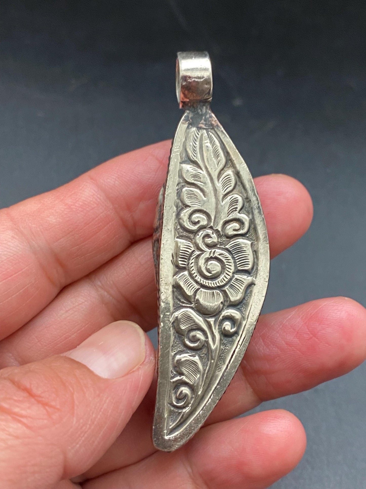 Bone carved feather pendant,handcrafted,Tibetan silver,Nepalese