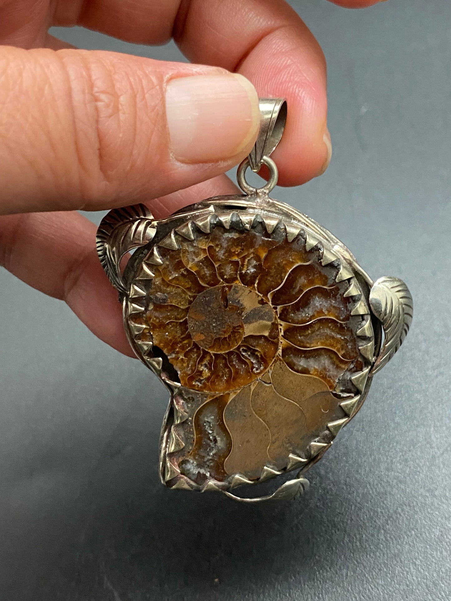 Ammonite pendant, handcrafted, ethnic design,Tibetan silver,Nepalese