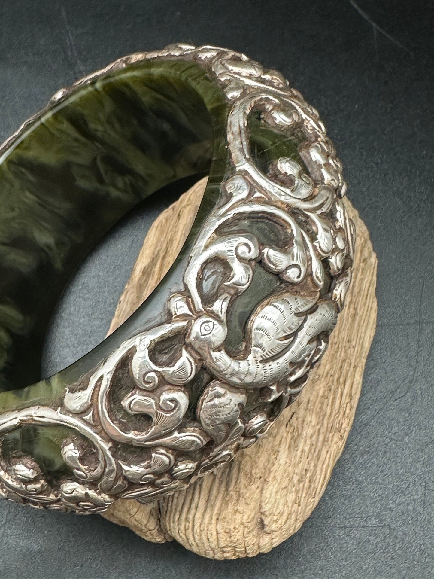 Tibetan bangle, sterling silver, animal design, resine core , master handcrafted tribal ethnic jewelry