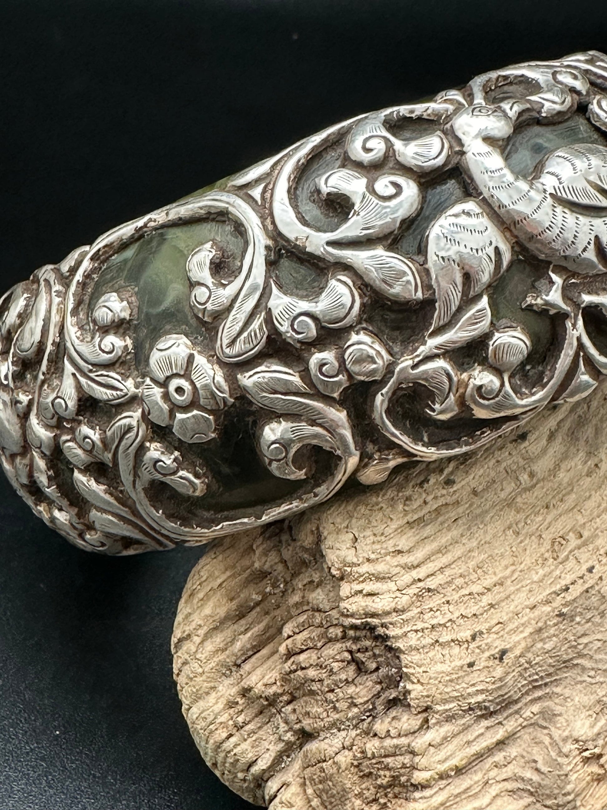Tibetan bangle, sterling silver, animal design, resine core , master handcrafted tribal ethnic jewelry