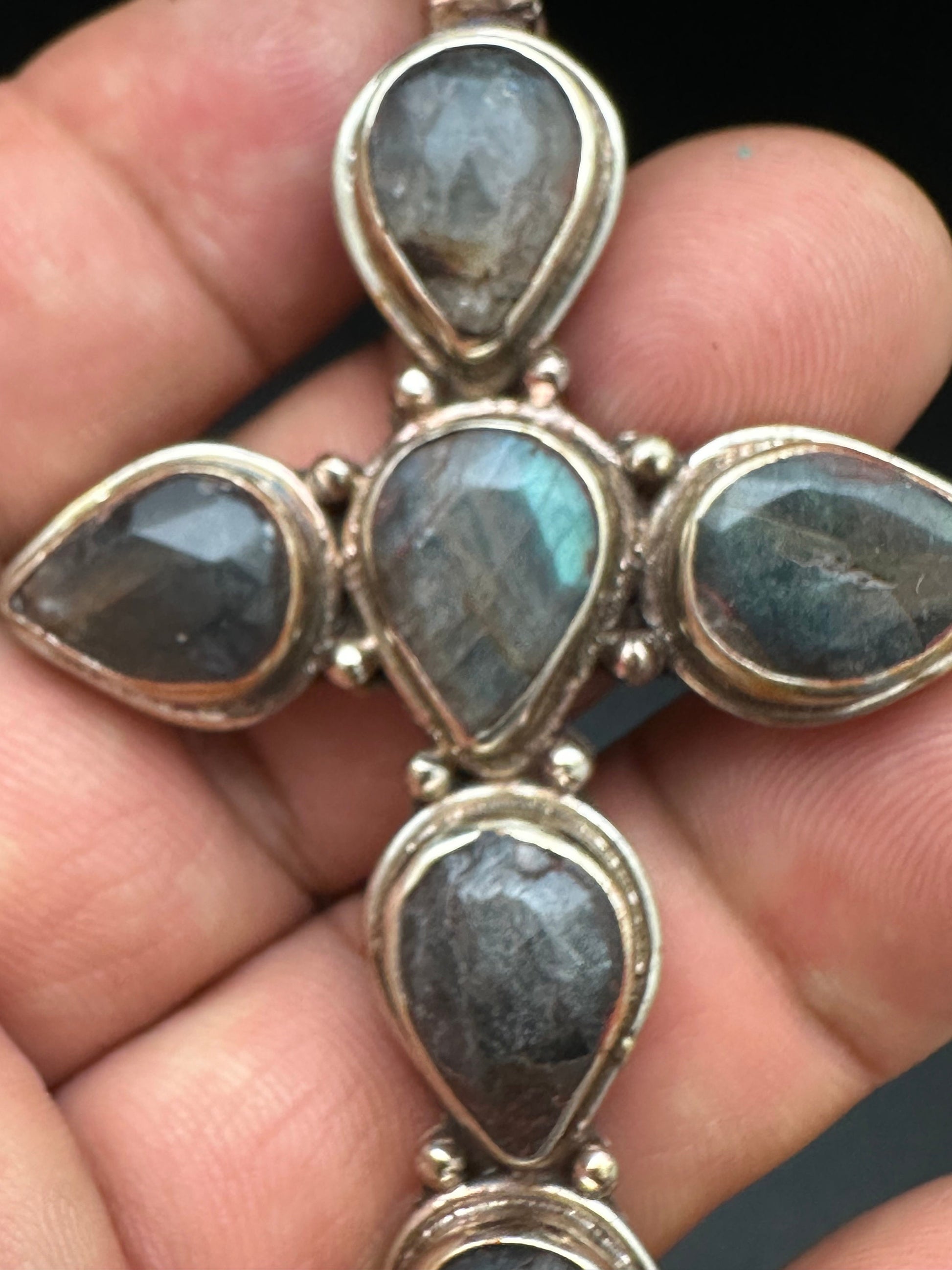 labradorite cross pendant, master handcrafted, Tibetan repousse silver,
