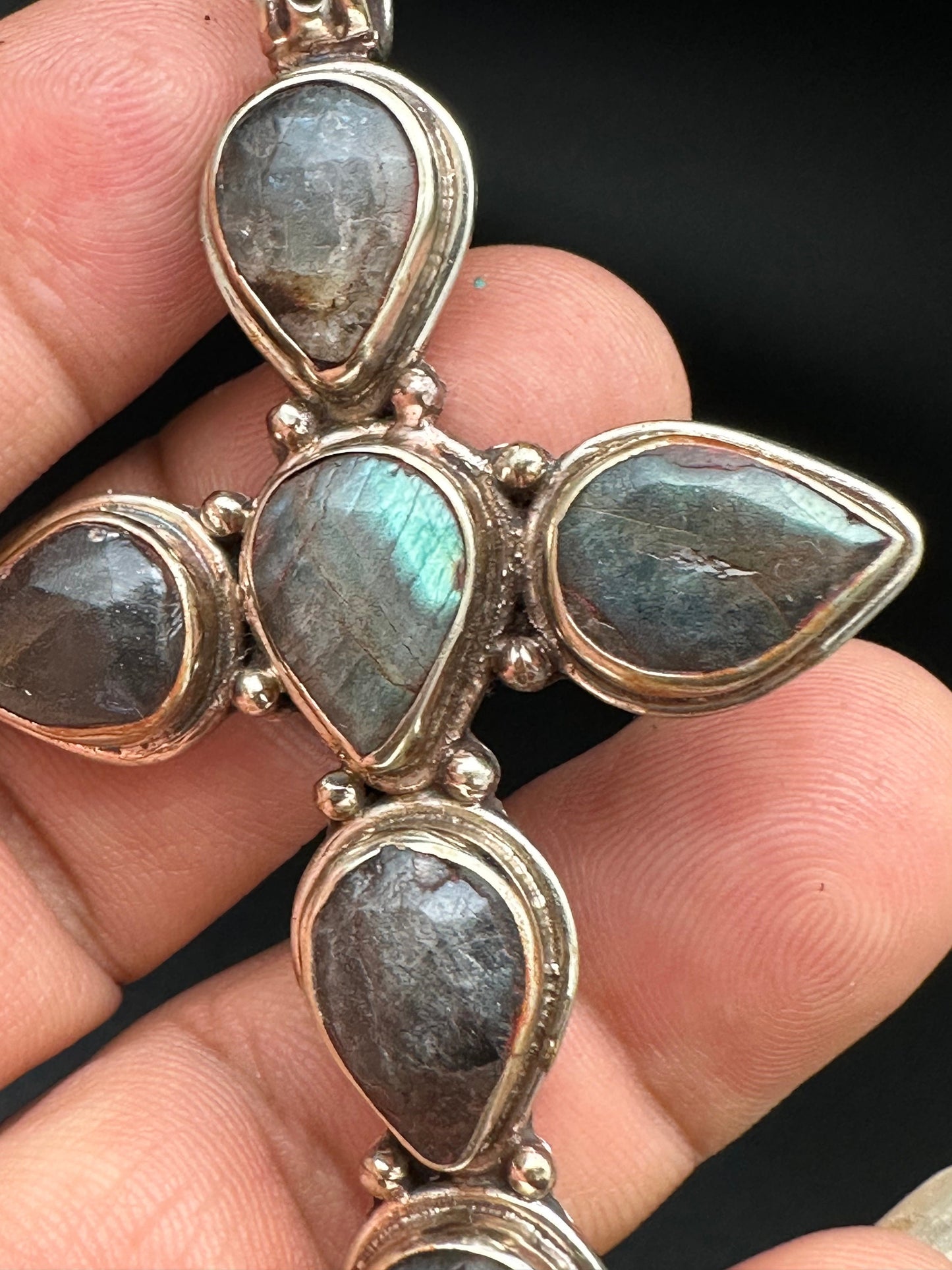labradorite cross pendant, master handcrafted, Tibetan repousse silver,