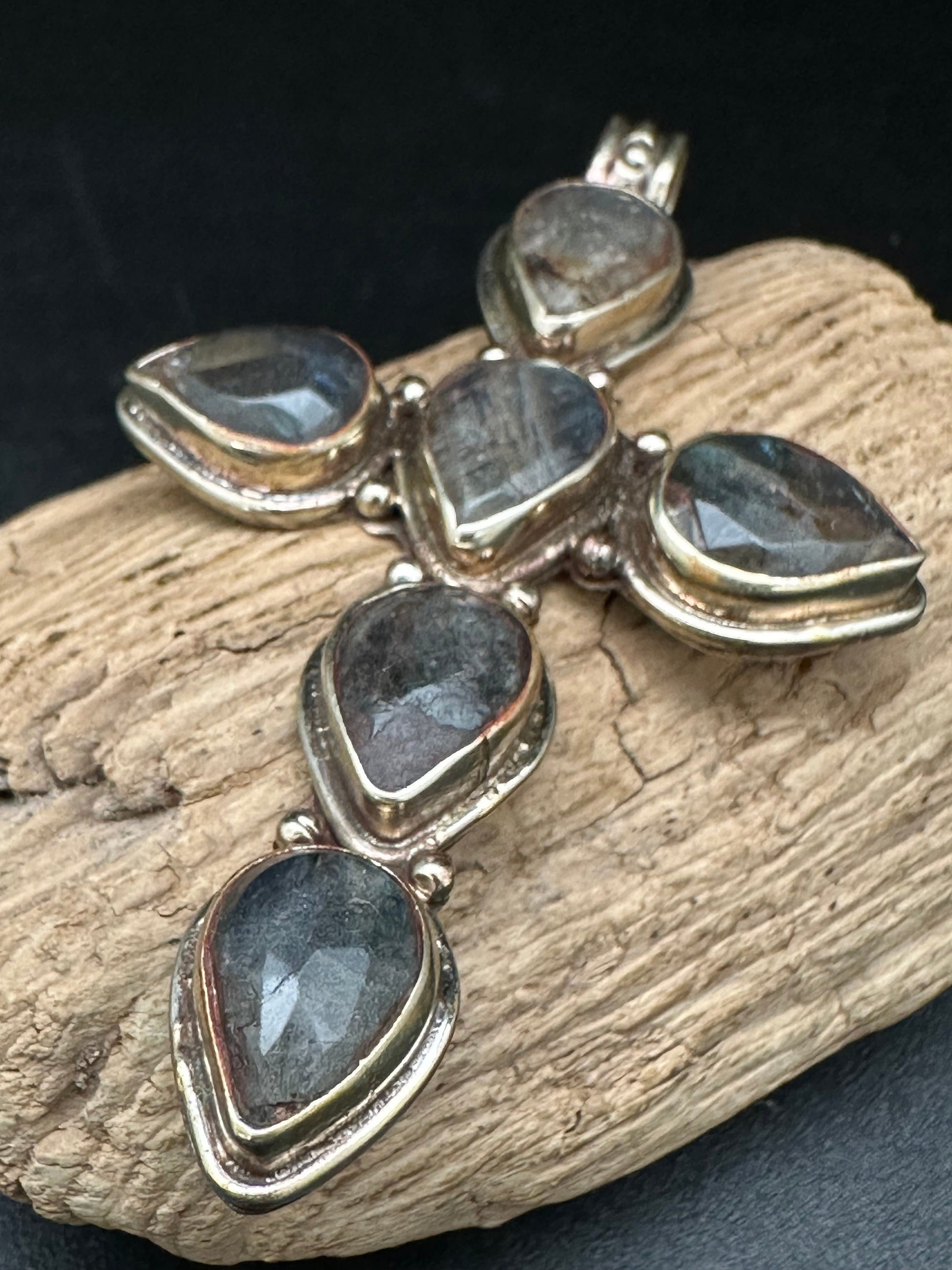 labradorite cross pendant, master handcrafted, Tibetan repousse silver,