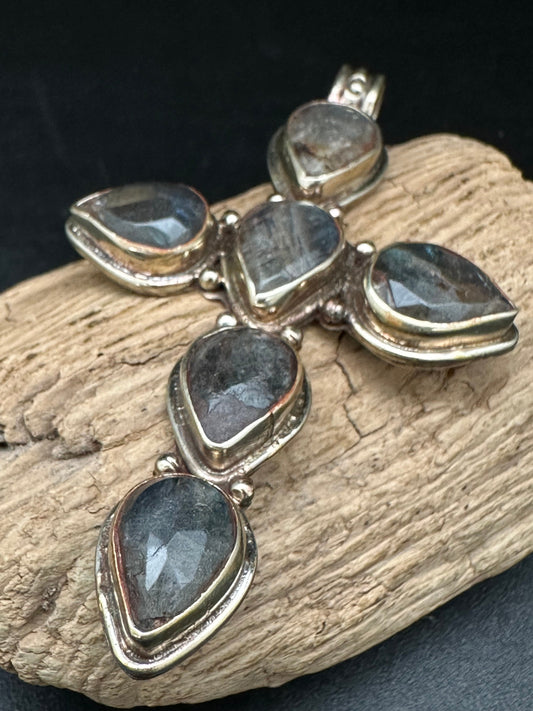 labradorite cross pendant, master handcrafted, Tibetan repousse silver,