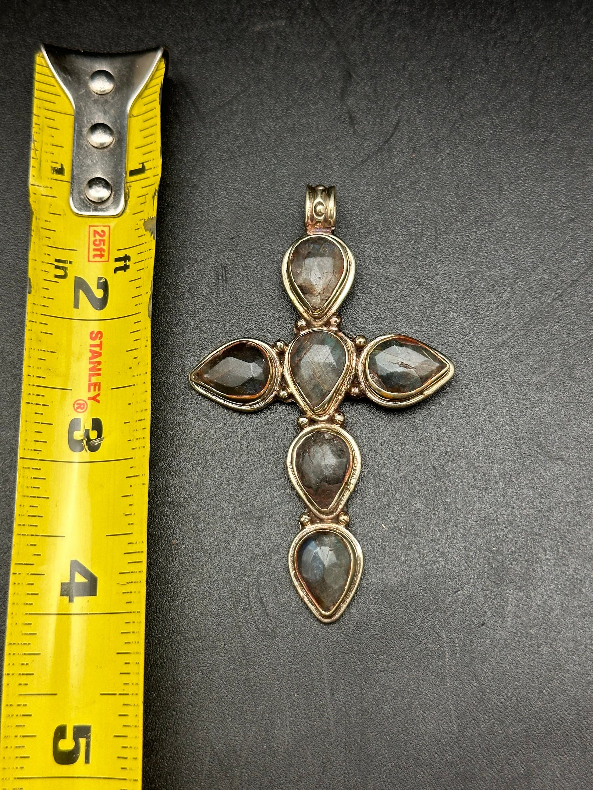 labradorite cross pendant, master handcrafted, Tibetan repousse silver,