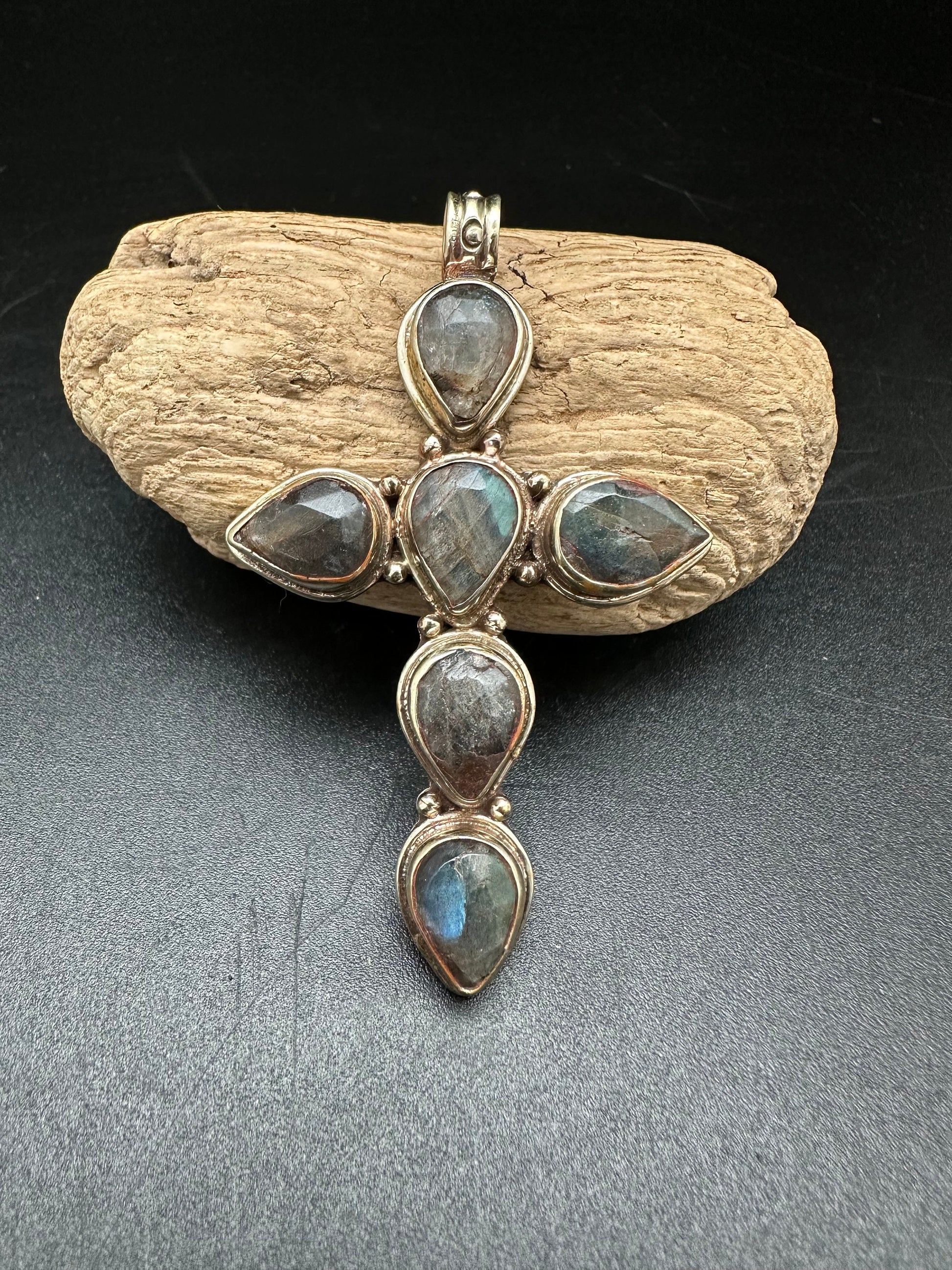 labradorite cross pendant, master handcrafted, Tibetan repousse silver,