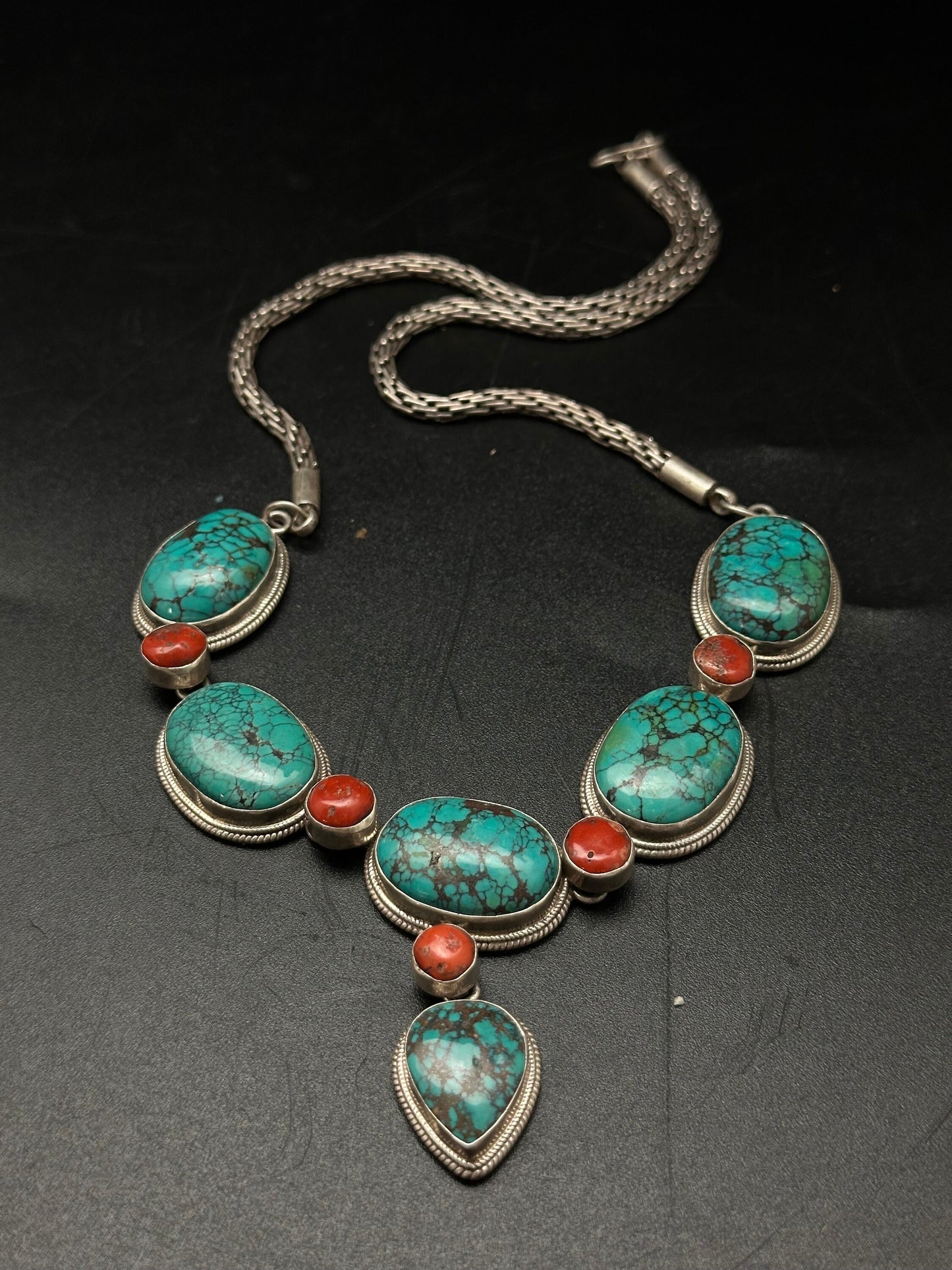Tibetan turquoise necklace, natural turquoise and cot, sterling silver master handcrafted from nepal