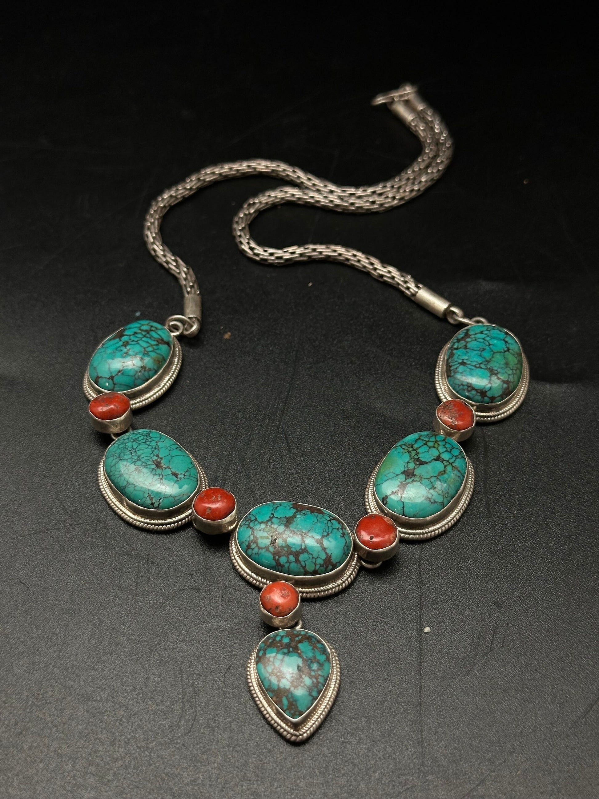 Tibetan turquoise necklace, natural turquoise and cot, sterling silver master handcrafted from nepal