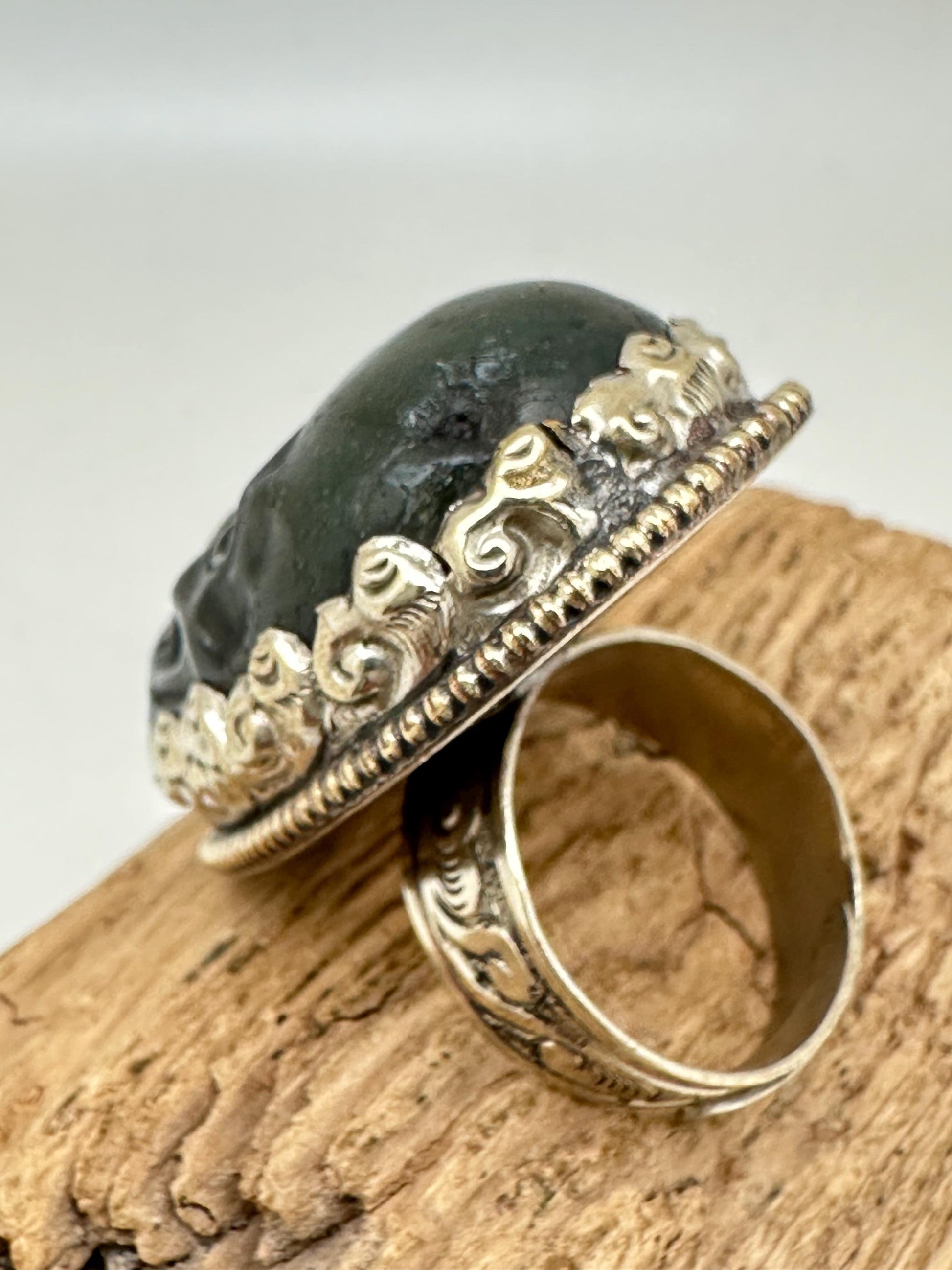 skull ring, master handcrafted natural labradorite stone, with coin silver