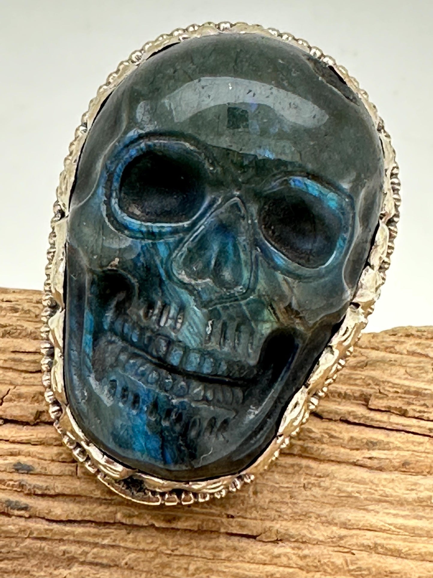 skull ring, master handcrafted natural labradorite stone, with coin silver