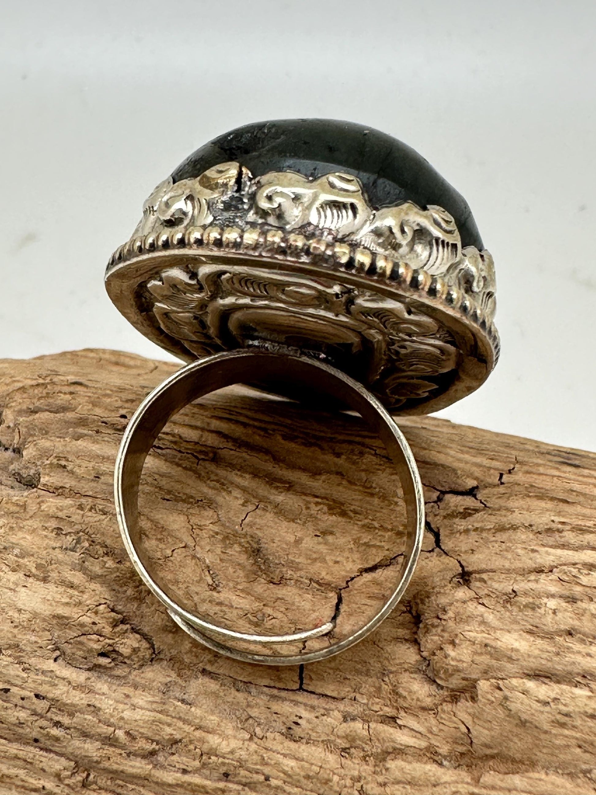 skull ring, master handcrafted natural labradorite stone, with coin silver
