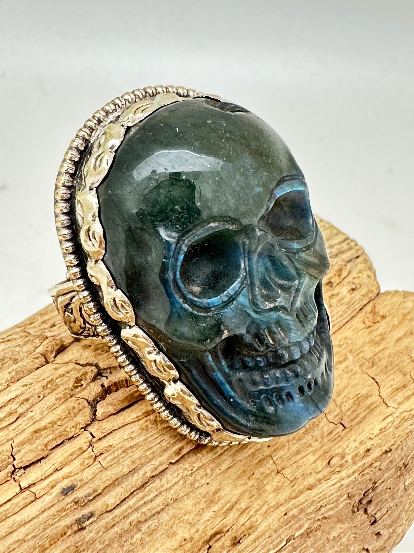 skull ring, master handcrafted natural labradorite stone, with coin silver