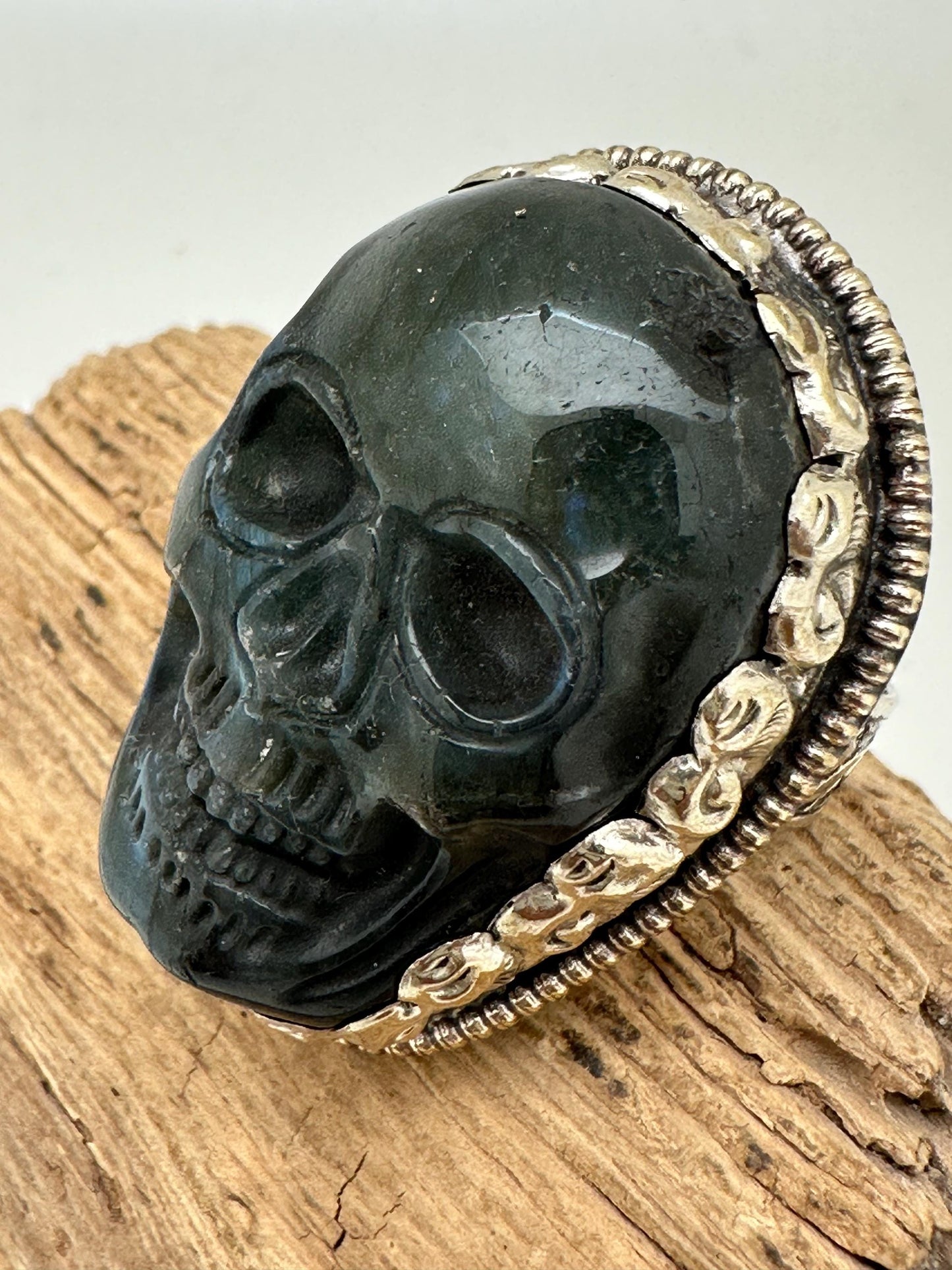 skull ring, master handcrafted natural labradorite stone, with coin silver