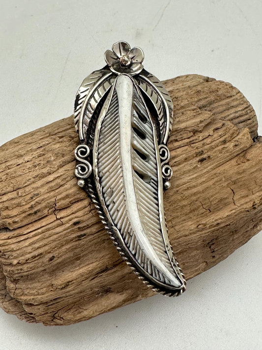 Handcrafted Bone Feather Pendant: Coin Silver Floral Design