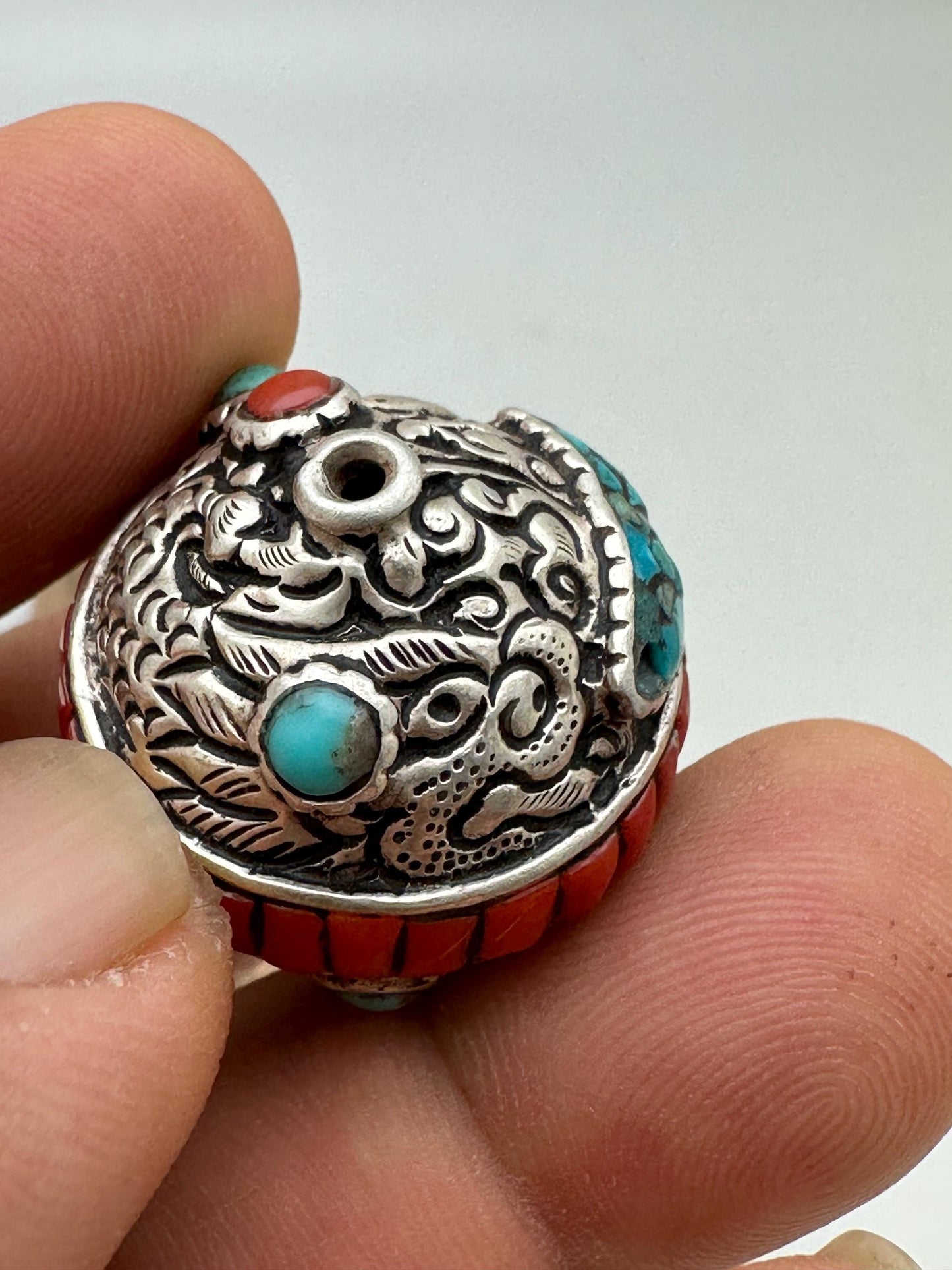 Tibetan beads, sterling silver bead, inlaid turquoise and coral, all natural